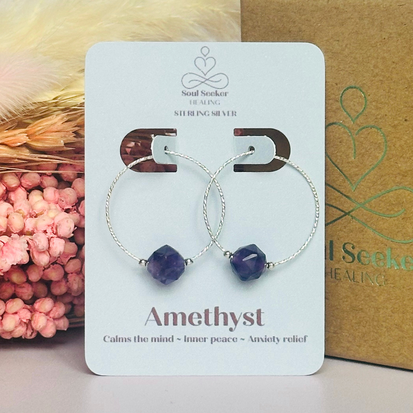 Sterling silver amethyst earrings, purple crystal hoop earrings, natural gemstone sparkle earrings, crown chakra jewellery, dangly earrings