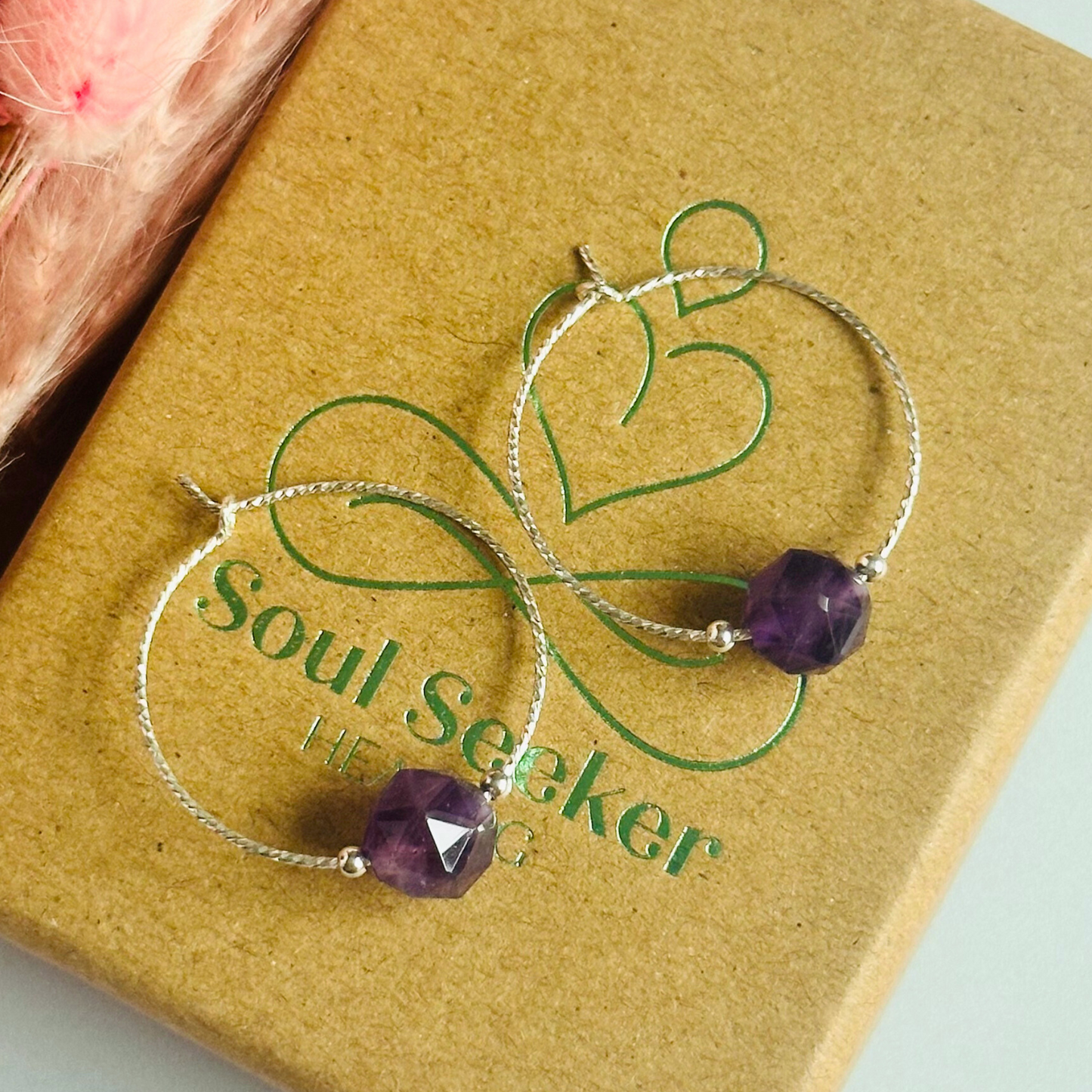 Sterling silver amethyst earrings, purple crystal hoop earrings, natural gemstone sparkle earrings, crown chakra jewellery, dangly earrings