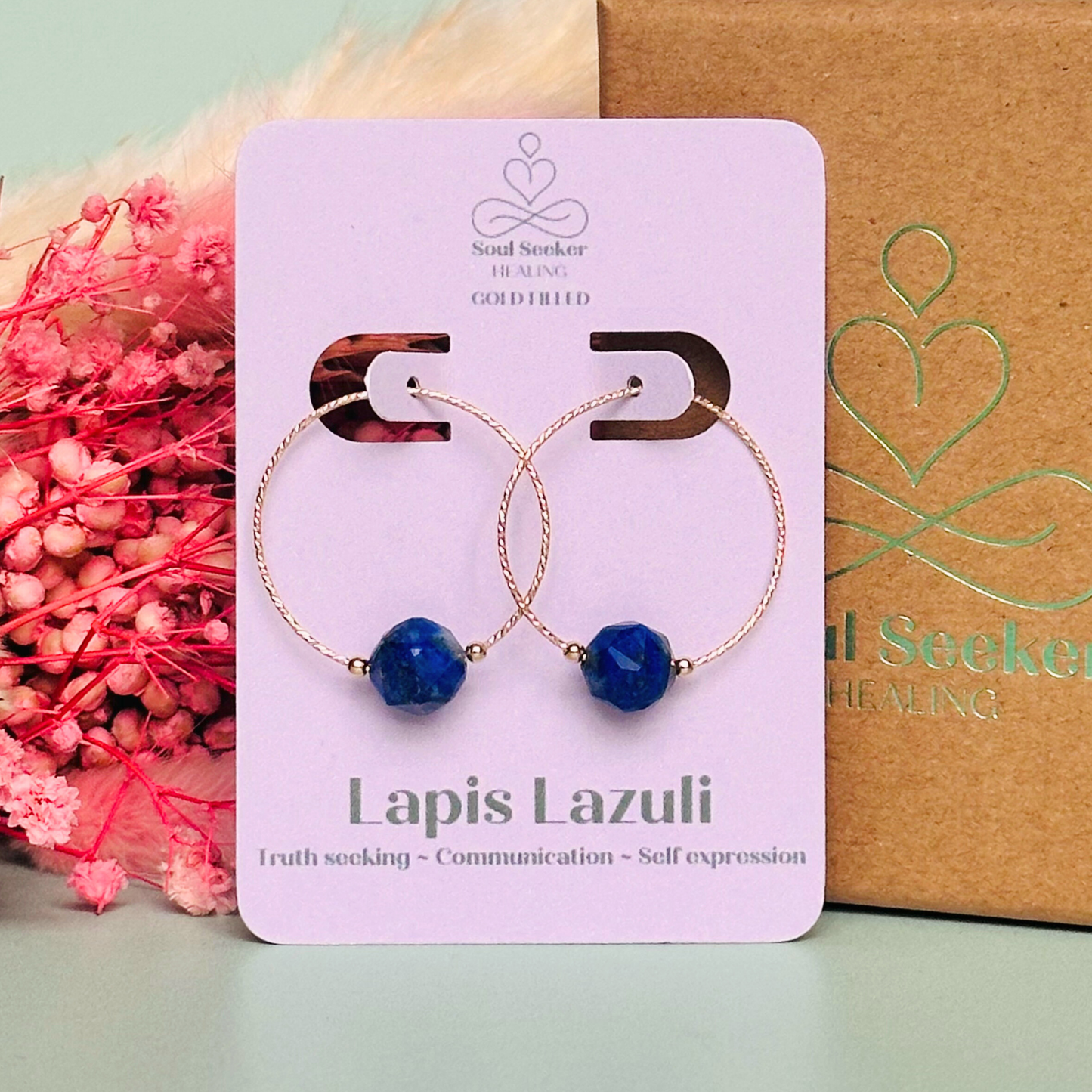 Gold filled lapis lazuli hoop earrings, crystal healing handmade jewellery, dark blue genuine gemstone drop earrings, dainty dangly earrings