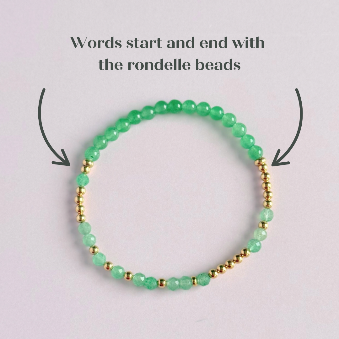 Elasticated green aventurine crystal morse code bracelet spells out the words ‘Lucky bitch’ in a combination of 4mm round green aventurine beads, 4mm faceted green aventurine beads and either sterling silver or gold vermeil 3mm round beads. The words start and end at the rondelle spacer beads.