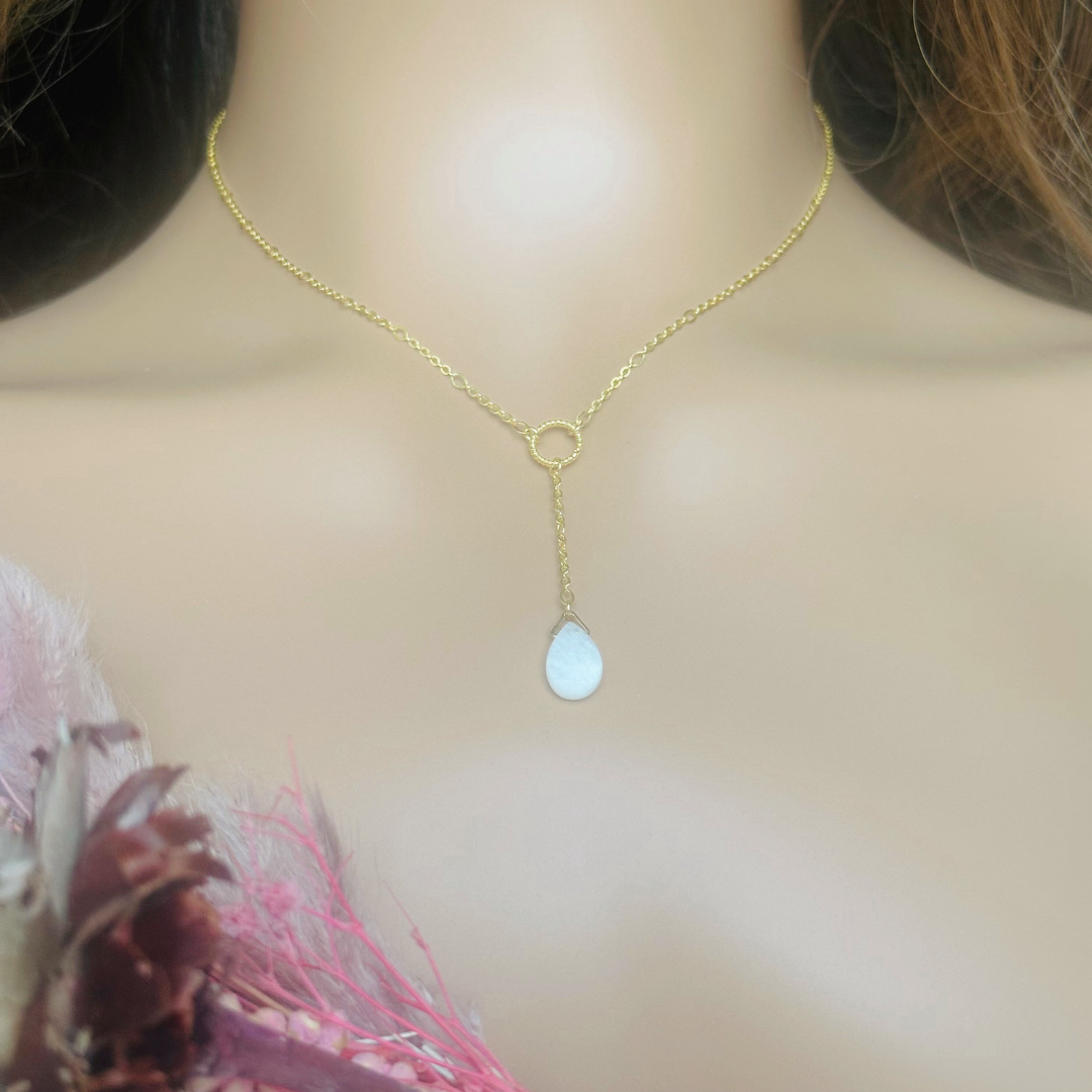 Moonstone necklace features a faceted moonstone teardrop bead on a delicate gold figaro chain with a twisted gold vermeil ring focal point. The necklace fastens with a subtle yet secure gold vermeil bolt clasp. The teardrop bead measures 12mm x 8mm.