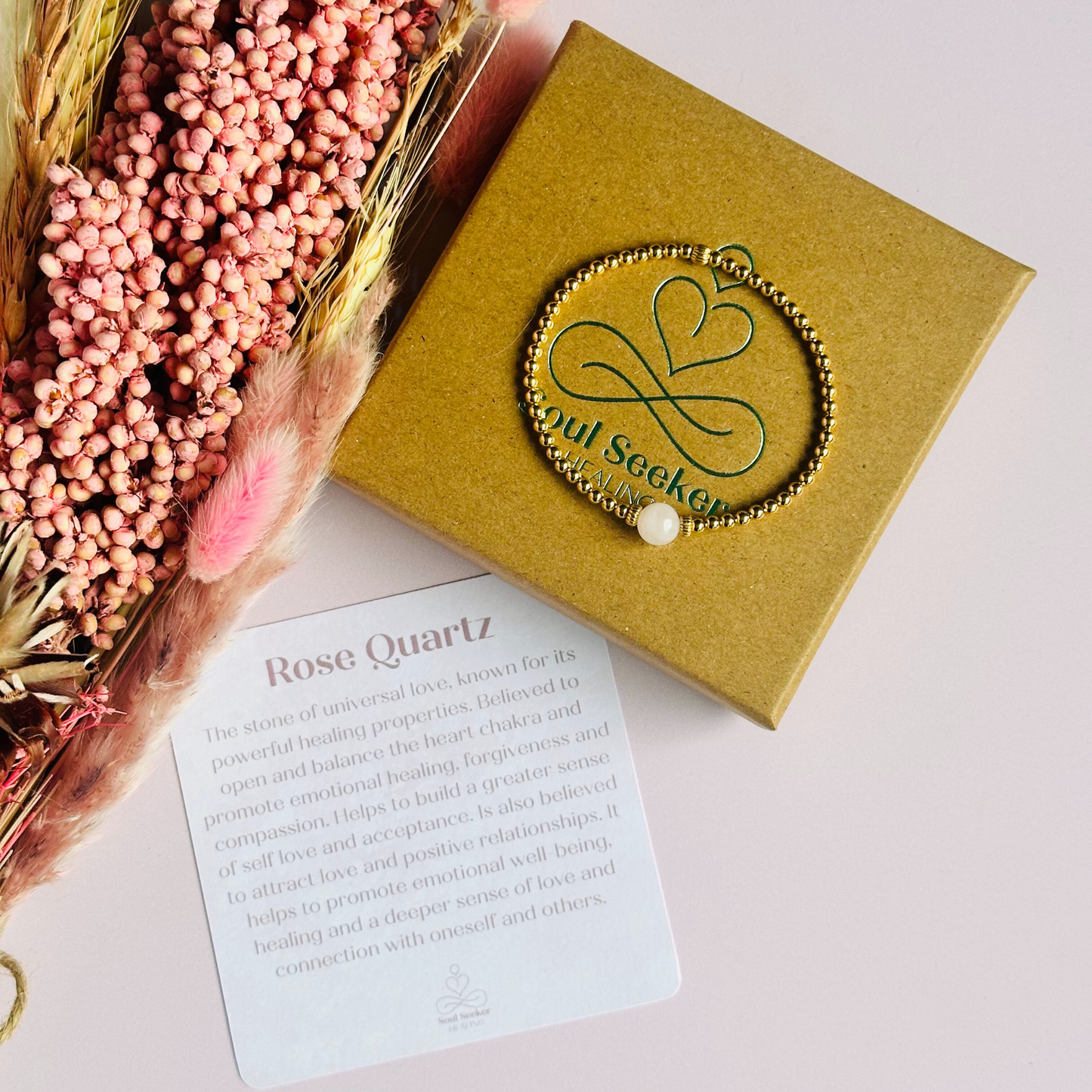 Gold vermeil rose quartz bracelet features an ethically mined 8mm rose quartz bead, flanked by corrugated rondelle beads on a band of 3mm gold vermeil beads. A bracelet to promote self love and self-confidence.