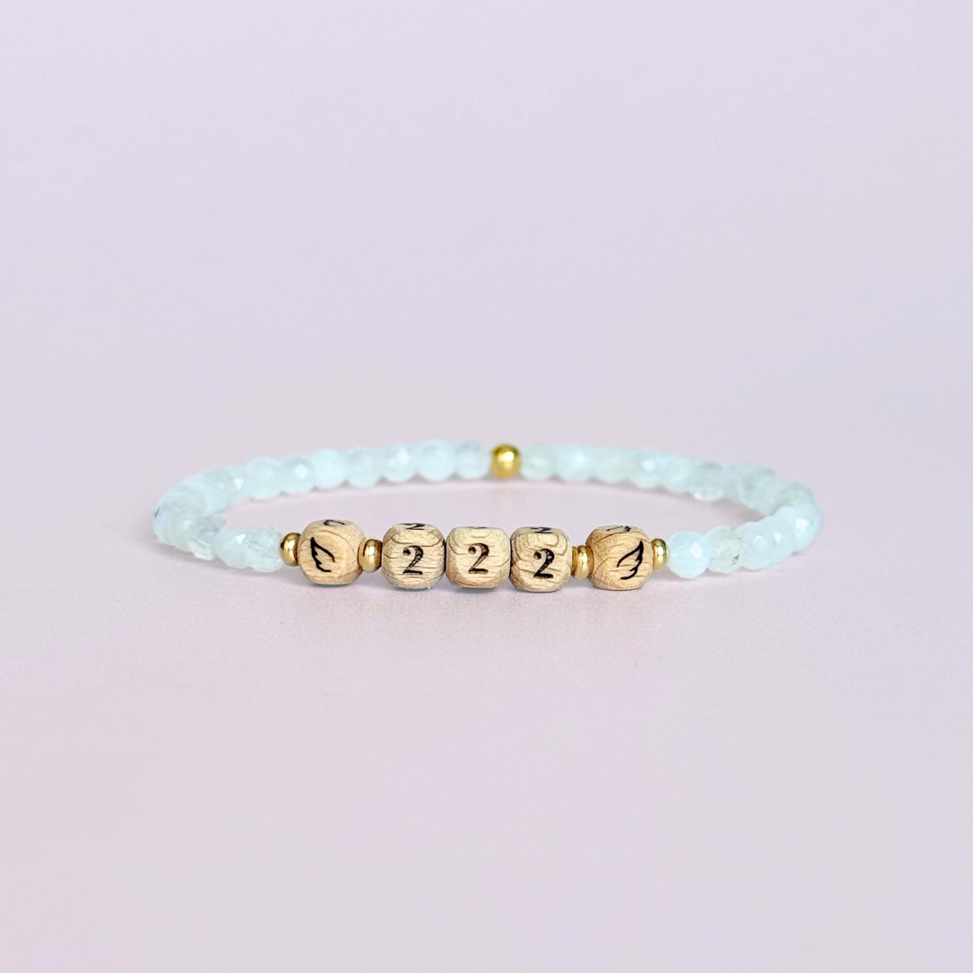 Moonstone 222 angel number engraved wooden bead bracelet