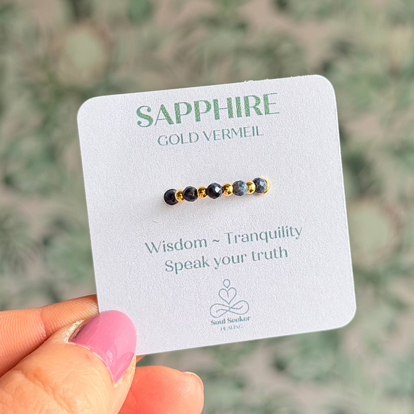 Gold vermeil and sapphire crystal ring. Made with 2.5mm gold vermeil round beads and featuring five, 3mm faceted genuine sapphire beads in a band style. Perfect for stacking. September birthstone jewellery