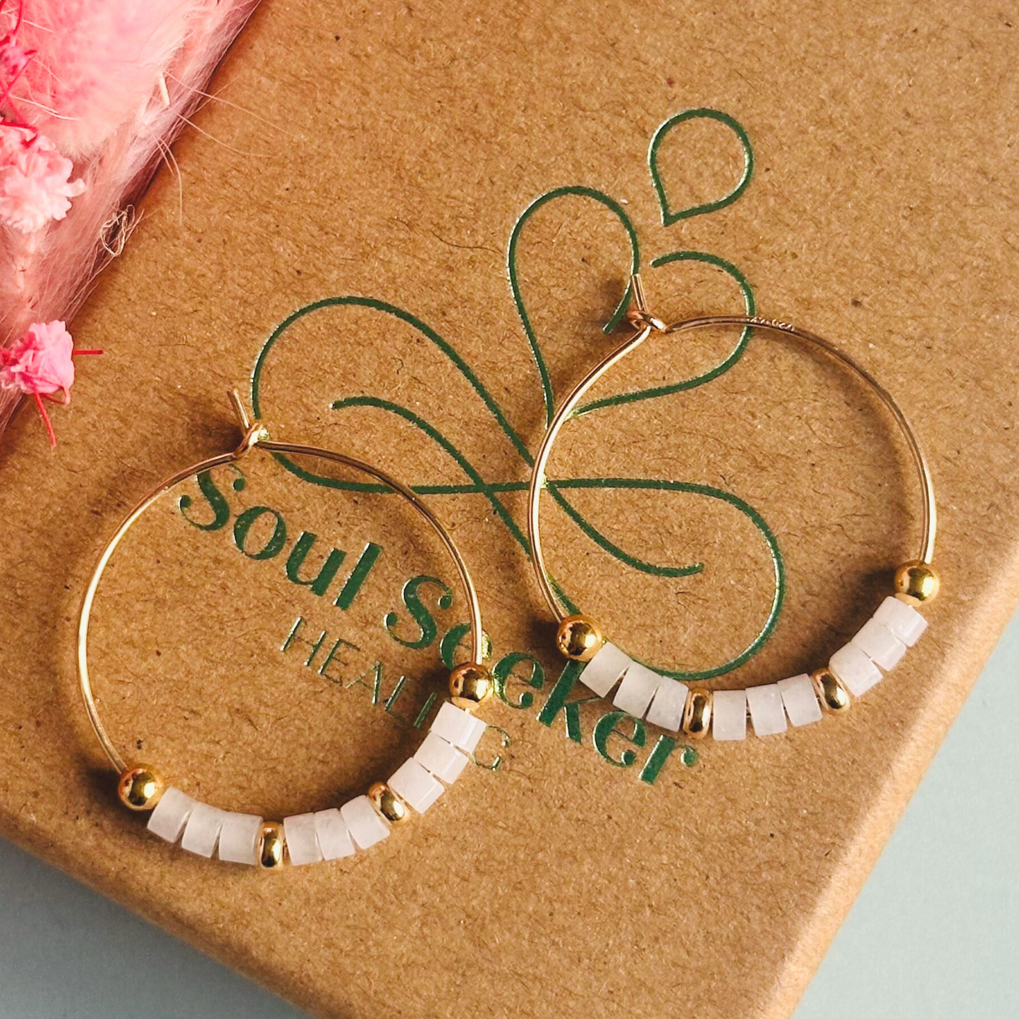 White jade 25mm gold filled hoop earrings with white jade heishi beads, white jade earrings