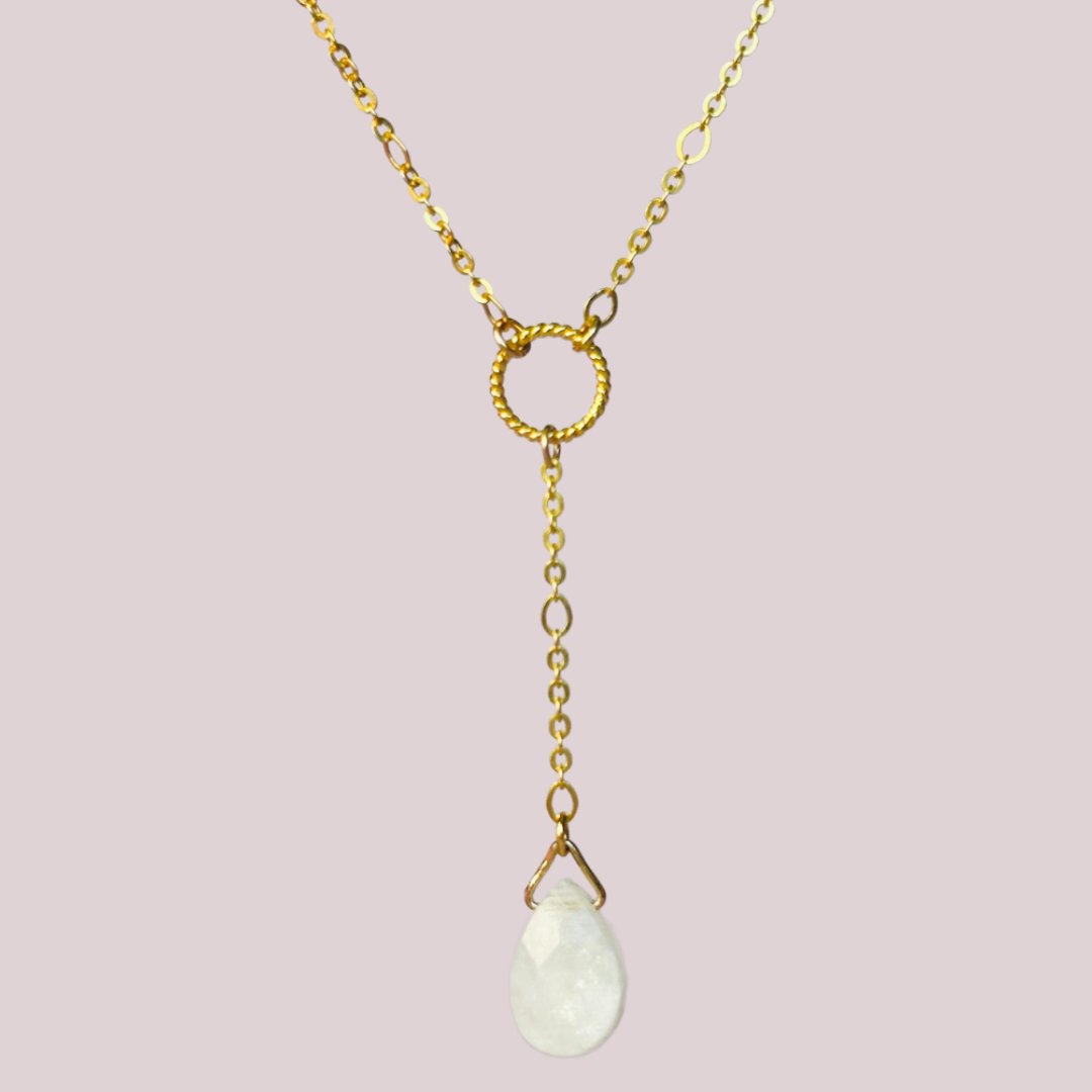 Moonstone necklace features a faceted moonstone teardrop bead on a delicate gold figaro chain with a twisted gold vermeil ring focal point. The necklace fastens with a subtle yet secure gold vermeil bolt clasp. The teardrop bead measures 12mm x 8mm.