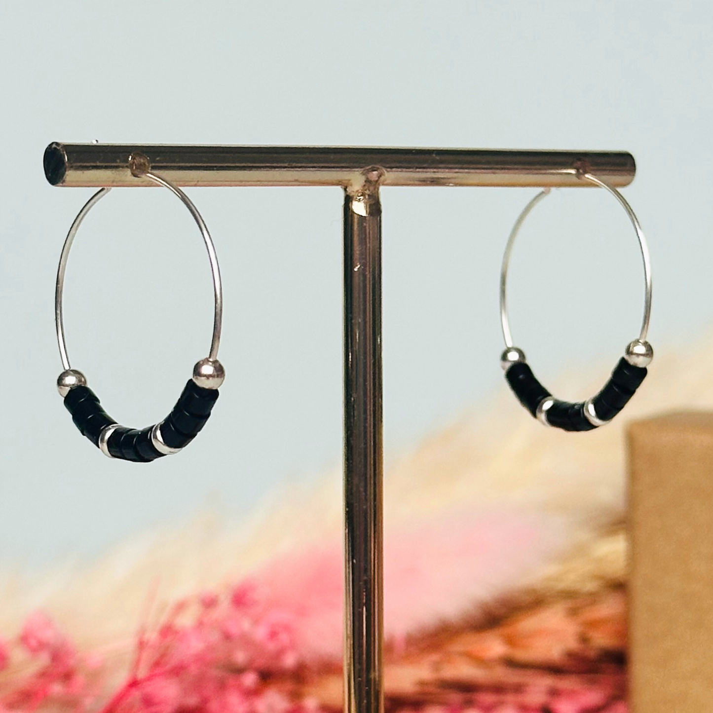 Black onyx sterling silver 25mm hoop earrings, black onyx silver earrings