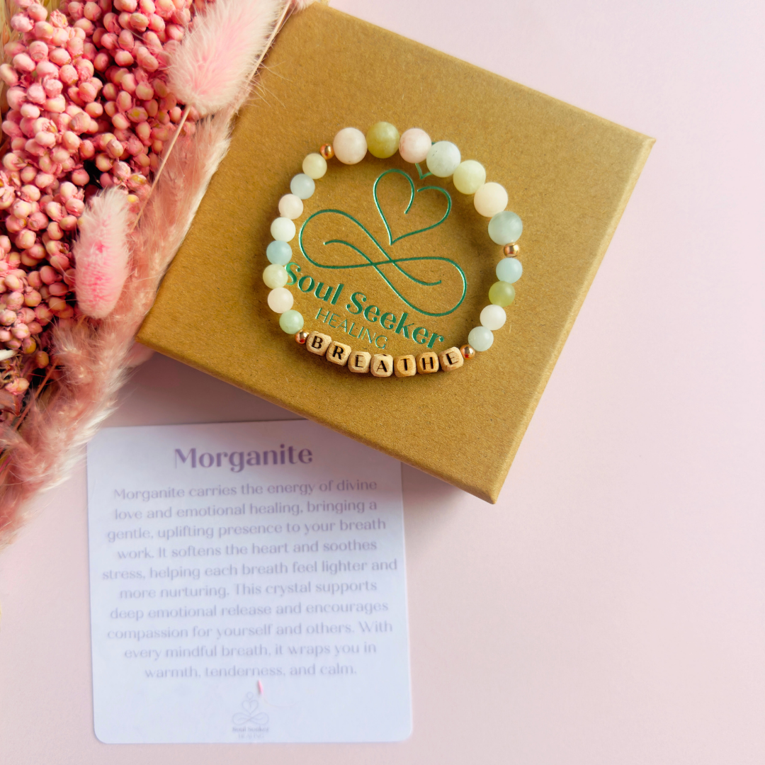 Breathwork bracelet featuring 6mm and 8mm frosted crystal beads that follow the 4-7-8 counted breathing method. Also featuring laser engraved wooden letter beads spelling out the word BREATHE. Choose your accent beads from rose gold vermeil, gold vermeil or sterling silver.
