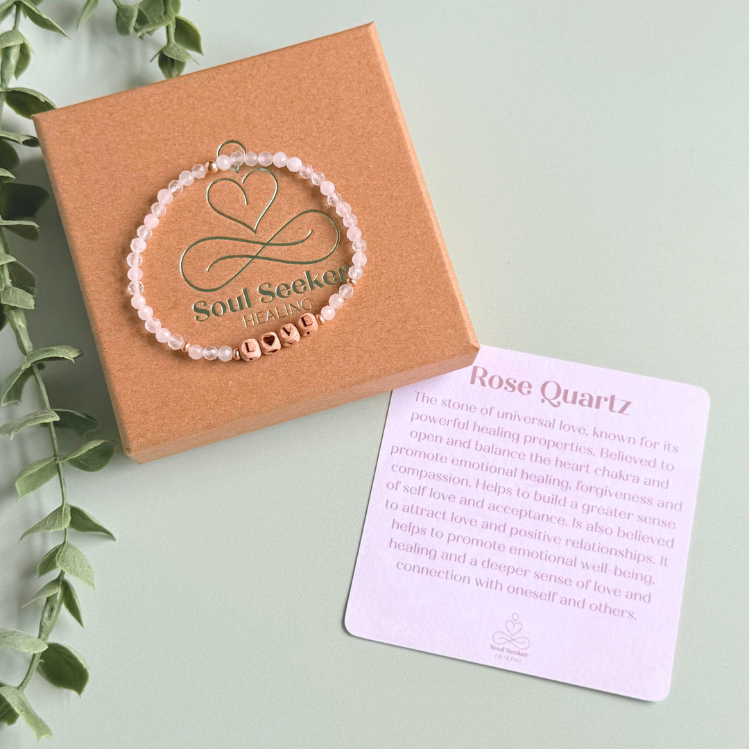 Bracelet featuring 5mm engraved wooden beads which you can personalise with your choice of words, numbers and symbols. The main the band of the bracelet is made with 4mm faceted rose quartz round crystal gemstone beads. Finished with your choice of gold vermeil, sterling silver or rose gold vermeil accent beads.