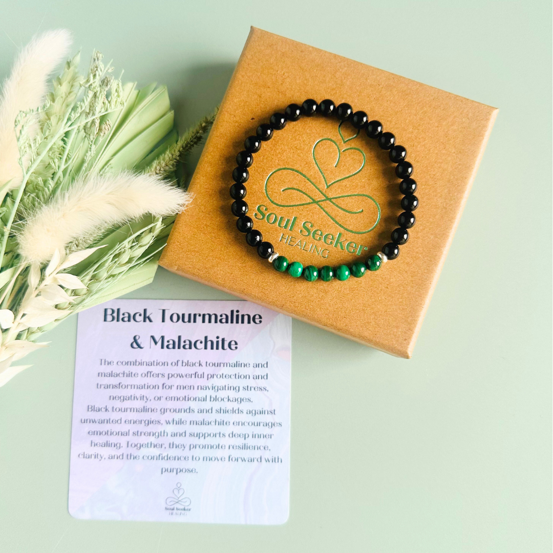 Mens crystal bracelet featuring 6mm black tourmaline beads with 6mm malachite beads, separated by two sterling silver spacer beads.