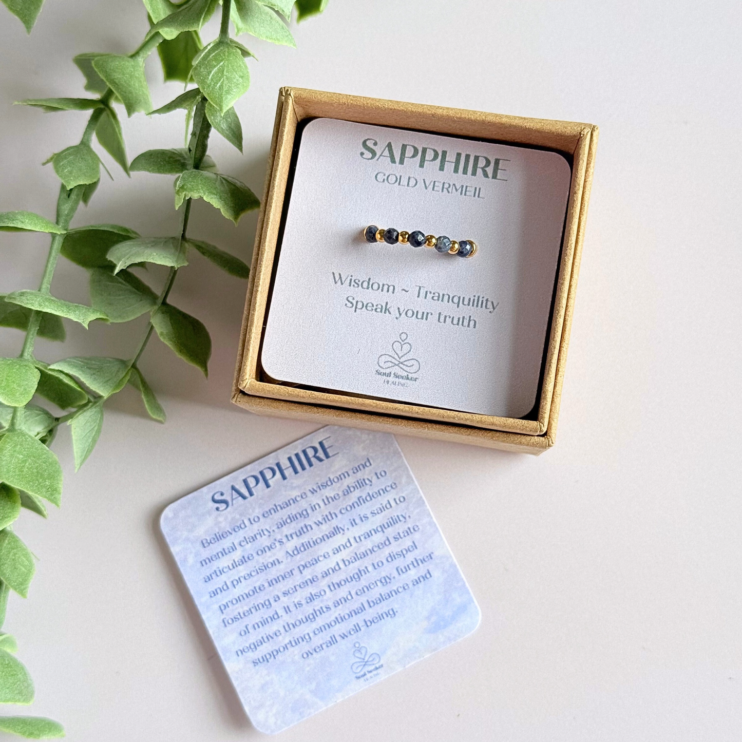 Gold vermeil and sapphire crystal ring. Made with 2.5mm gold vermeil round beads and featuring five, 3mm faceted genuine sapphire beads in a band style. Perfect for stacking. September birthstone jewellery
