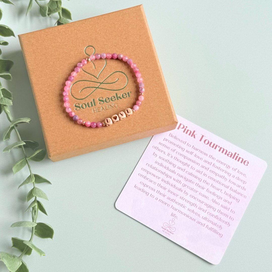 Bracelet featuring 5mm engraved wooden beads which you can personalise with your choice of words, numbers and symbols. The main the band of the bracelet is made with 4mm faceted pink tourmaline round crystal gemstone beads. Finished with your choice of gold vermeil, sterling silver or rose gold vermeil accent beads.
