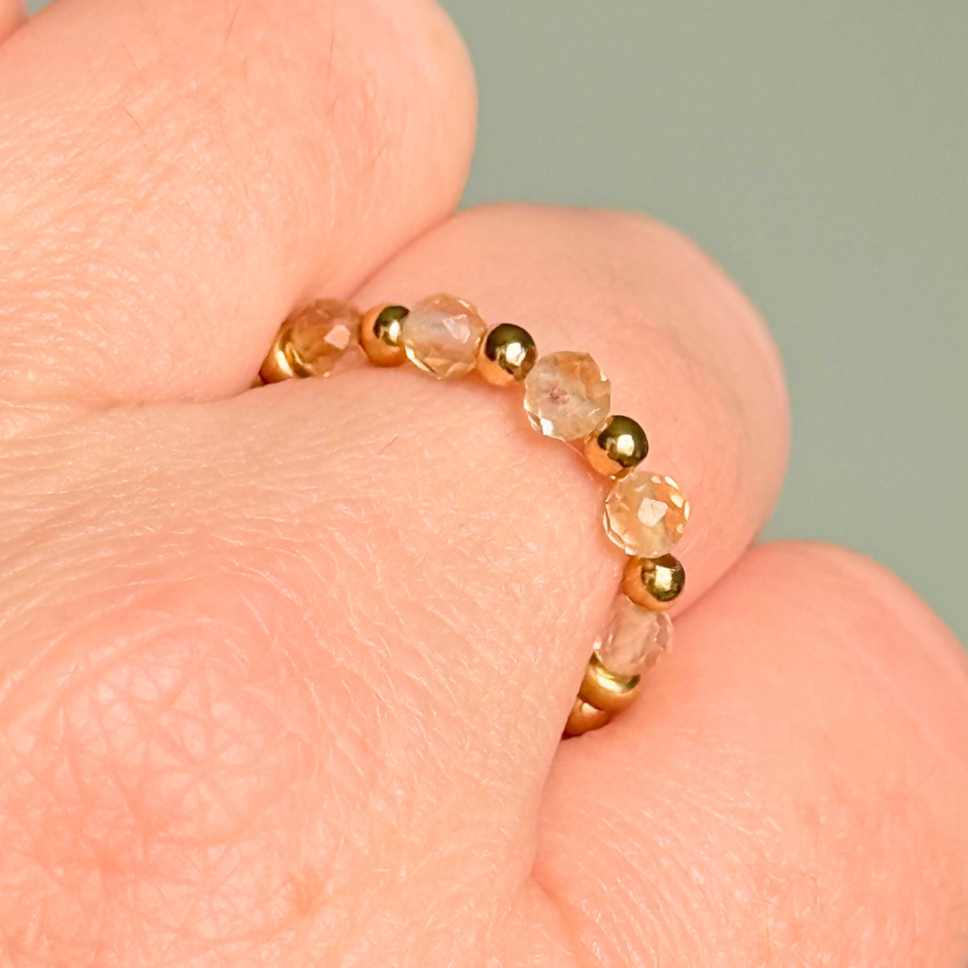 Gold vermeil and citrine crystal ring. Made with 2.5mm gold vermeil round beads and featuring five, 3mm faceted genuine citrine beads in a band style. Perfect for stacking. November birthstone jewellery