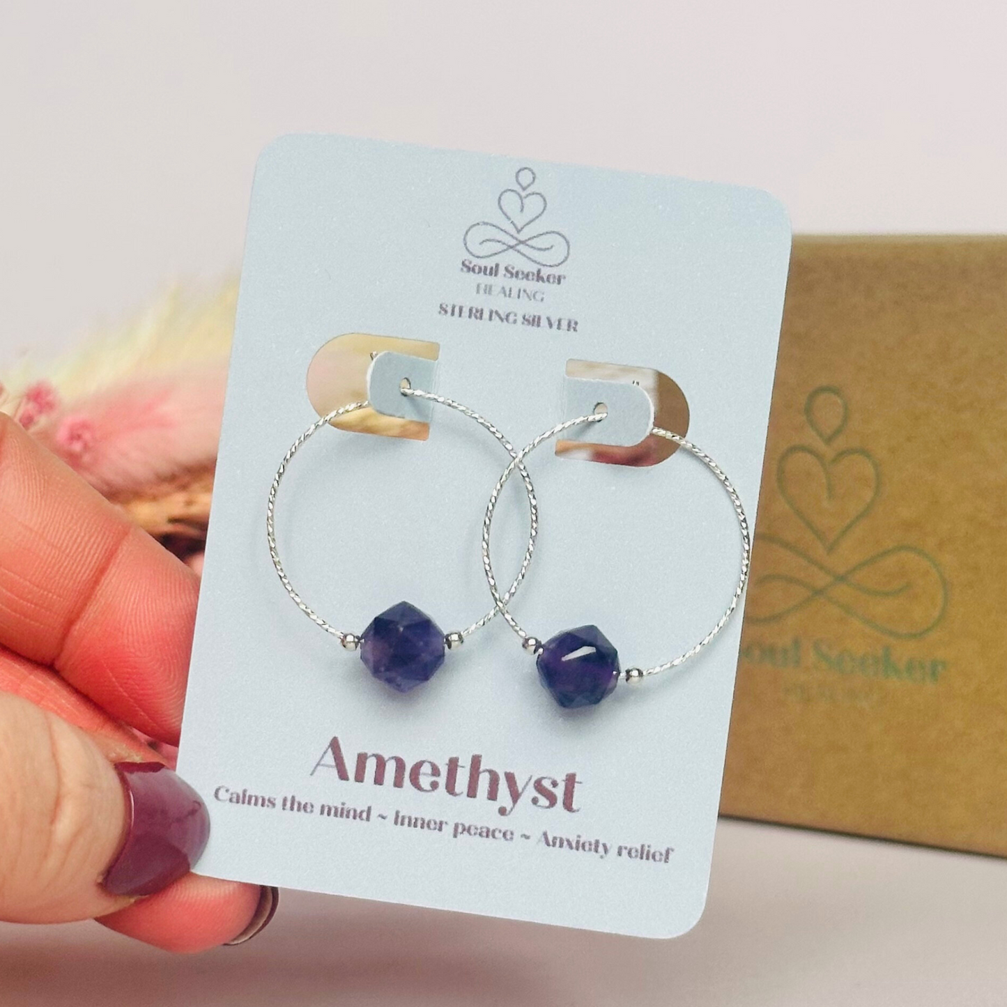 Sterling silver amethyst earrings, purple crystal hoop earrings, natural gemstone sparkle earrings, crown chakra jewellery, dangly earrings
