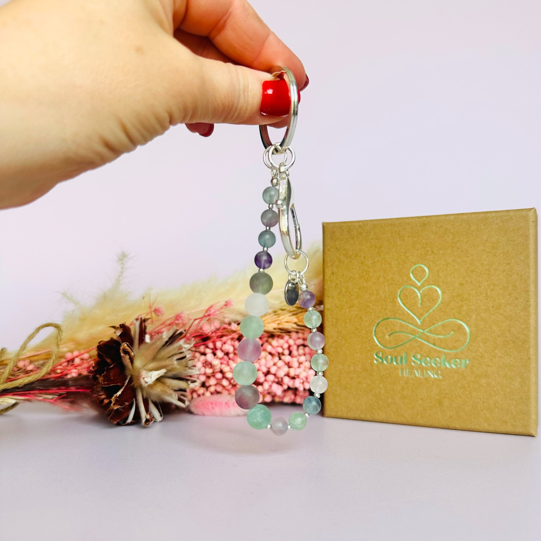 Frosted fluorite breath work beads on a silver keychain/bag charm. For the 4-7-8 counted breathing method.