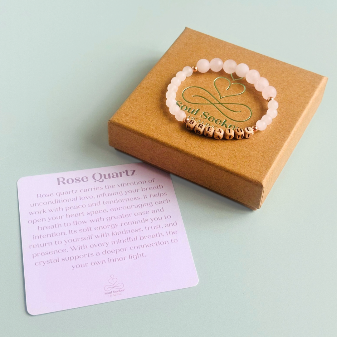 Breathwork bracelet featuring 6mm and 8mm frosted rose quartz crystal beads that follow the 4-7-8 counted breathing method. Also featuring laser engraved wooden letter beads spelling out the word BREATHE. Choose your accent beads from rose gold vermeil, gold vermeil or sterling silver.