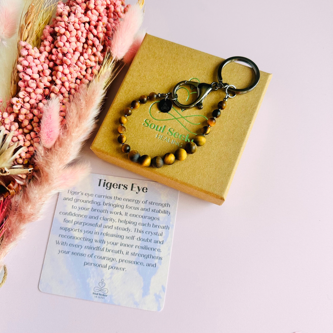 Frosted tigers eye breath work beads on a black plated keychain/bag charm. For the 4-7-8 counted breathing method.