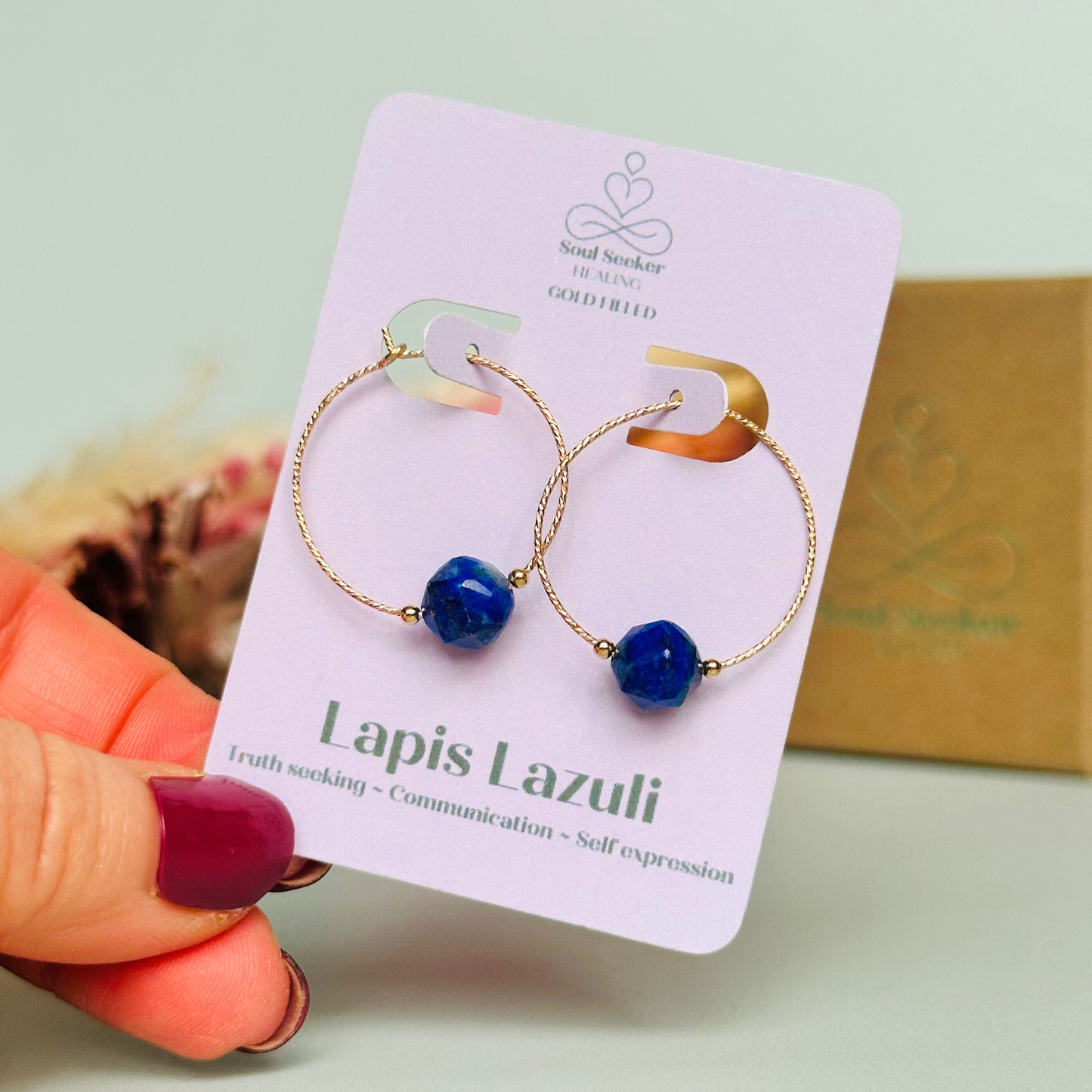 Gold filled lapis lazuli hoop earrings, crystal healing handmade jewellery, dark blue genuine gemstone drop earrings, dainty dangly earrings