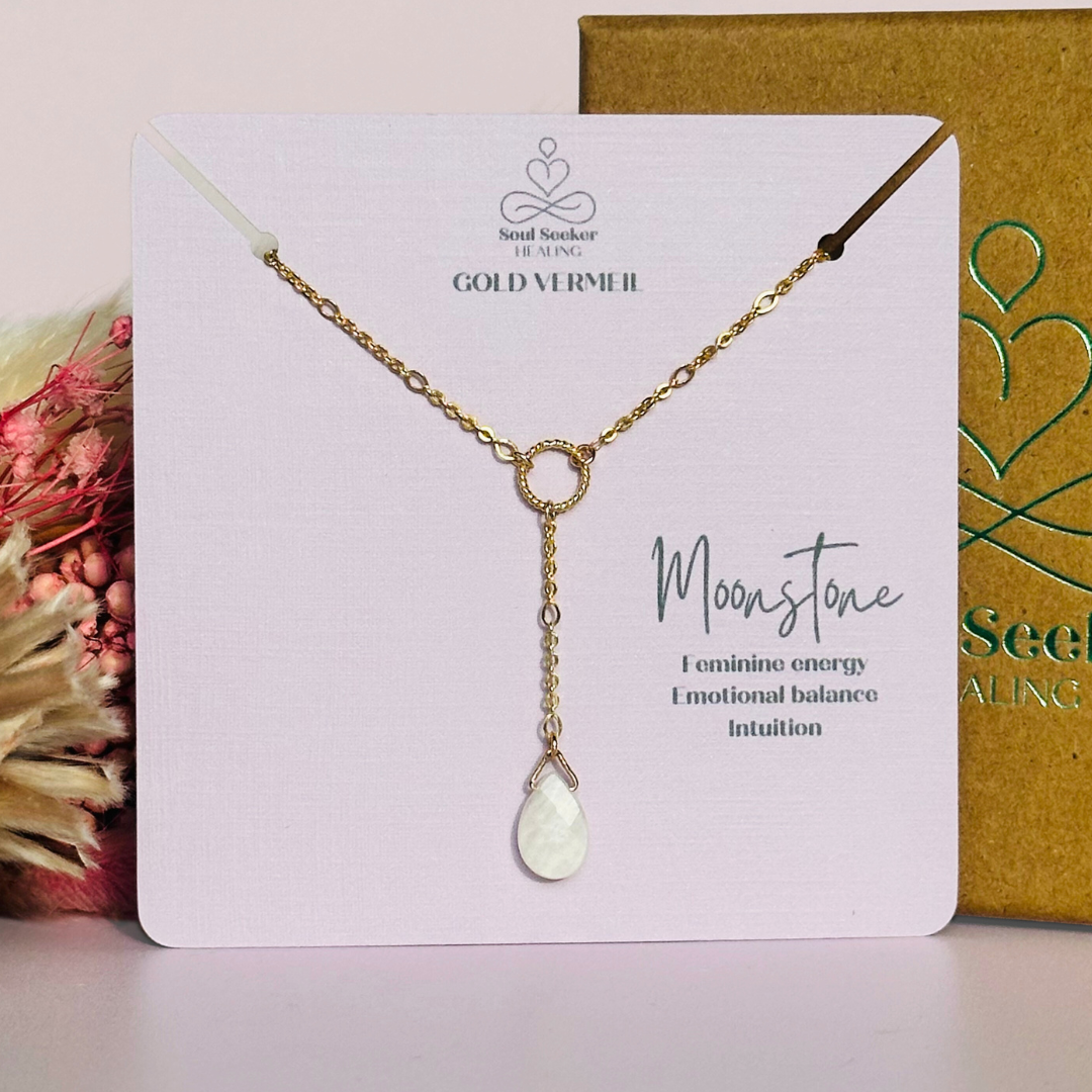 Moonstone necklace features a faceted moonstone teardrop bead on a delicate gold figaro chain with a twisted gold vermeil ring focal point. The necklace fastens with a subtle yet secure gold vermeil bolt clasp. The teardrop bead measures 12mm x 8mm.