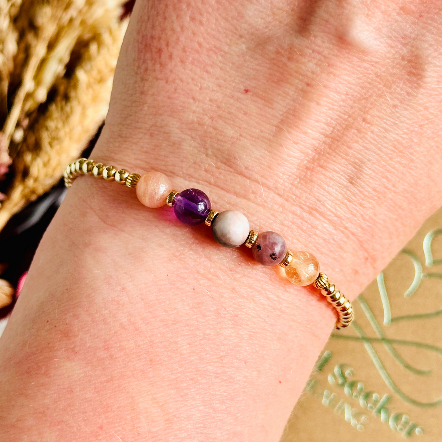 This gold vermeil menopause bracelet is made with a selection of five healing crystals all believed to help deal with menopause symptoms. The crystal beads are all 6mm and are on a band of 3mm gold vermeil beads with corrugated accent beads.