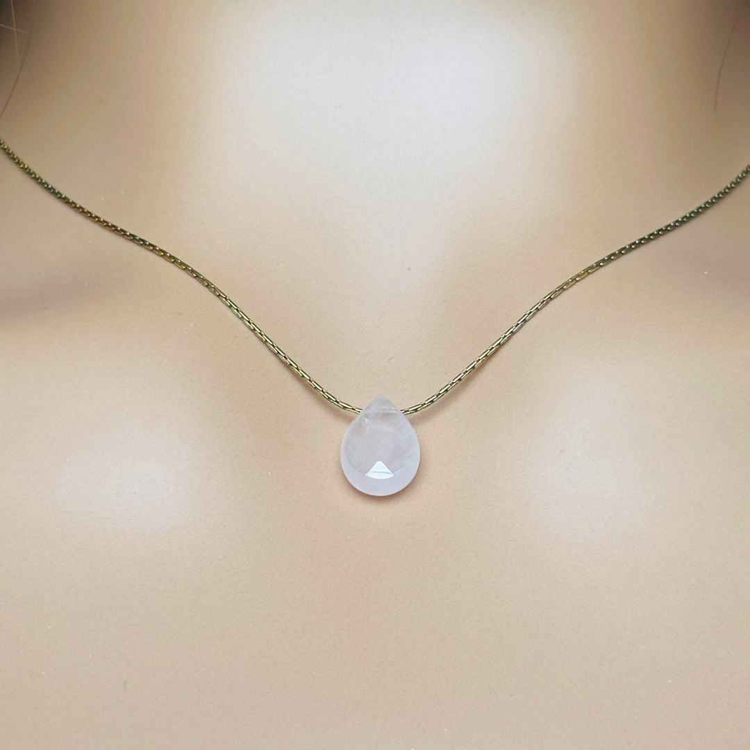 Dainty rose quartz teardrop necklace featuring a 12x8mm faceted rise quartz teardrop bead on a fine gold vermeil beading chain.