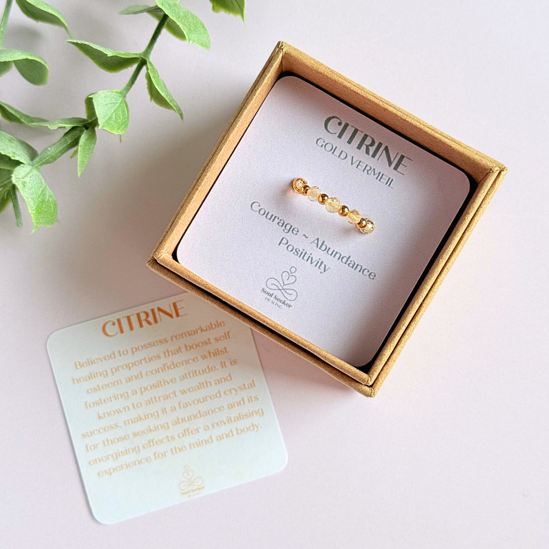 Gold vermeil and citrine crystal ring. Made with 2.5mm gold vermeil round beads and featuring five, 3mm faceted genuine citrine beads in a band style. Perfect for stacking. November birthstone jewellery
