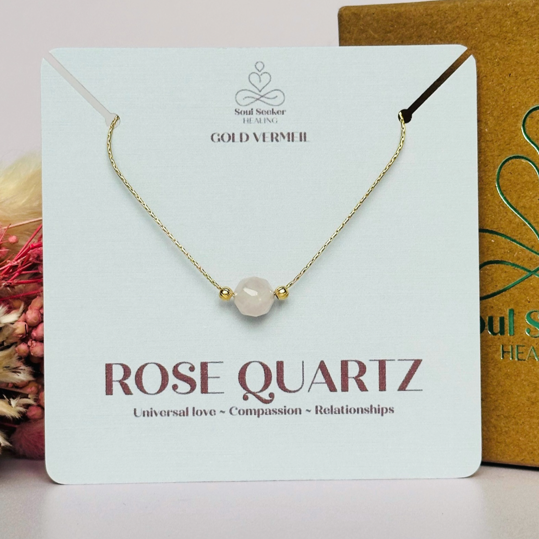 Rose quartz necklace featuring an 8mm star cut rose quartz bead and gold vermeil corrugated beads on a delicate gold vermeil cardano beading chain. The necklace fastens with a subtle yet secure gold vermeil bolt clasp.