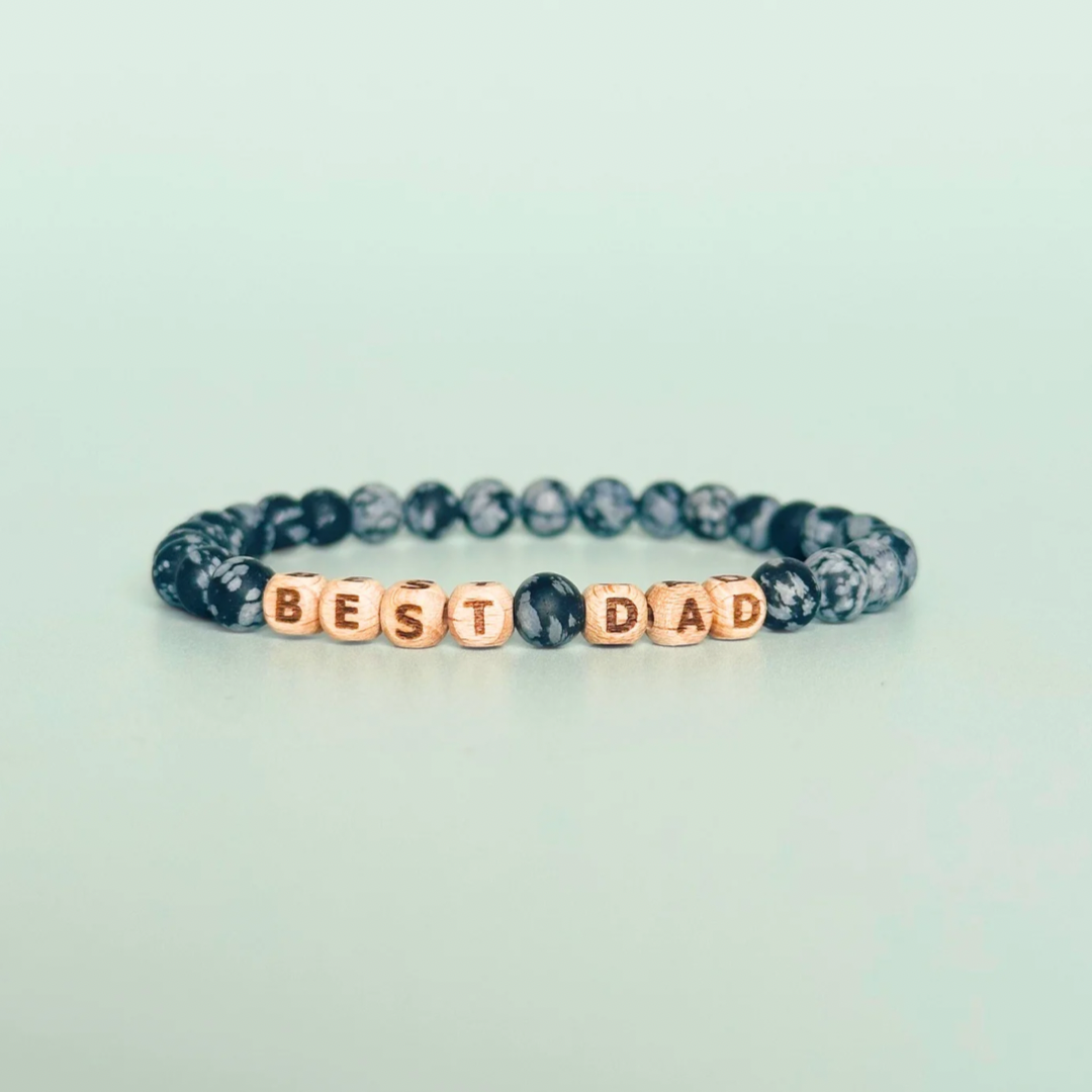 Custom frosted snowflake obsidian and wooden letter bead men’s crystal bracelet