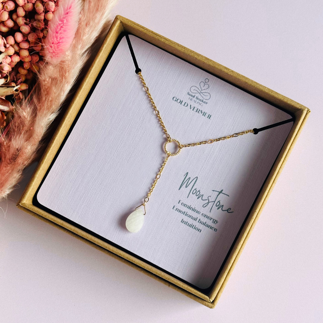 Moonstone necklace features a faceted moonstone teardrop bead on a delicate gold figaro chain with a twisted gold vermeil ring focal point. The necklace fastens with a subtle yet secure gold vermeil bolt clasp. The teardrop bead measures 12mm x 8mm.