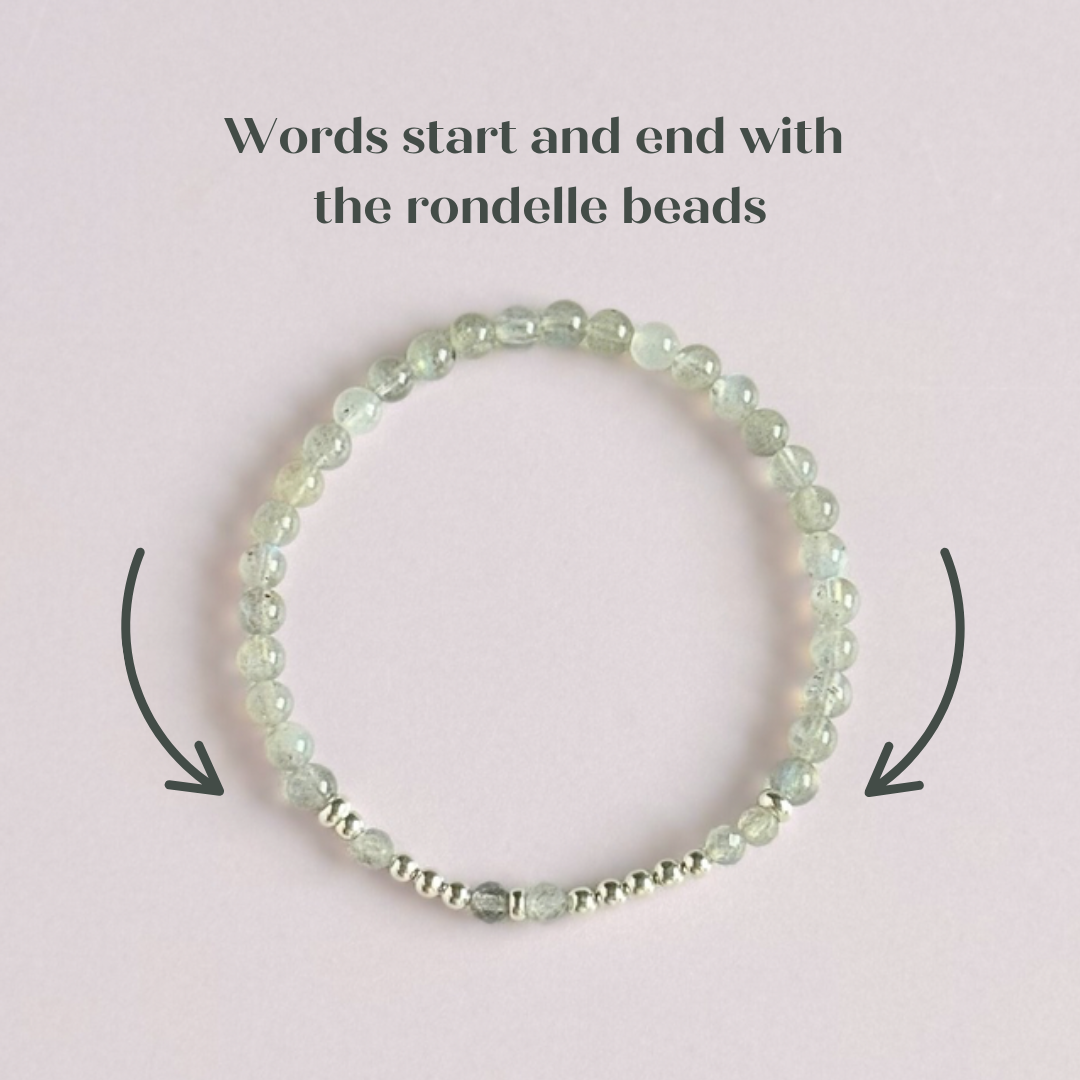 Elasticated labradorite crystal morse code bracelet that spells out the words ‘Let them’ in a combination of 4mm round labradorite beads, 4mm faceted labradorite beads and either sterling silver or gold vermeil 3mm round beads. The words start and end at the rondelle spacer beads.