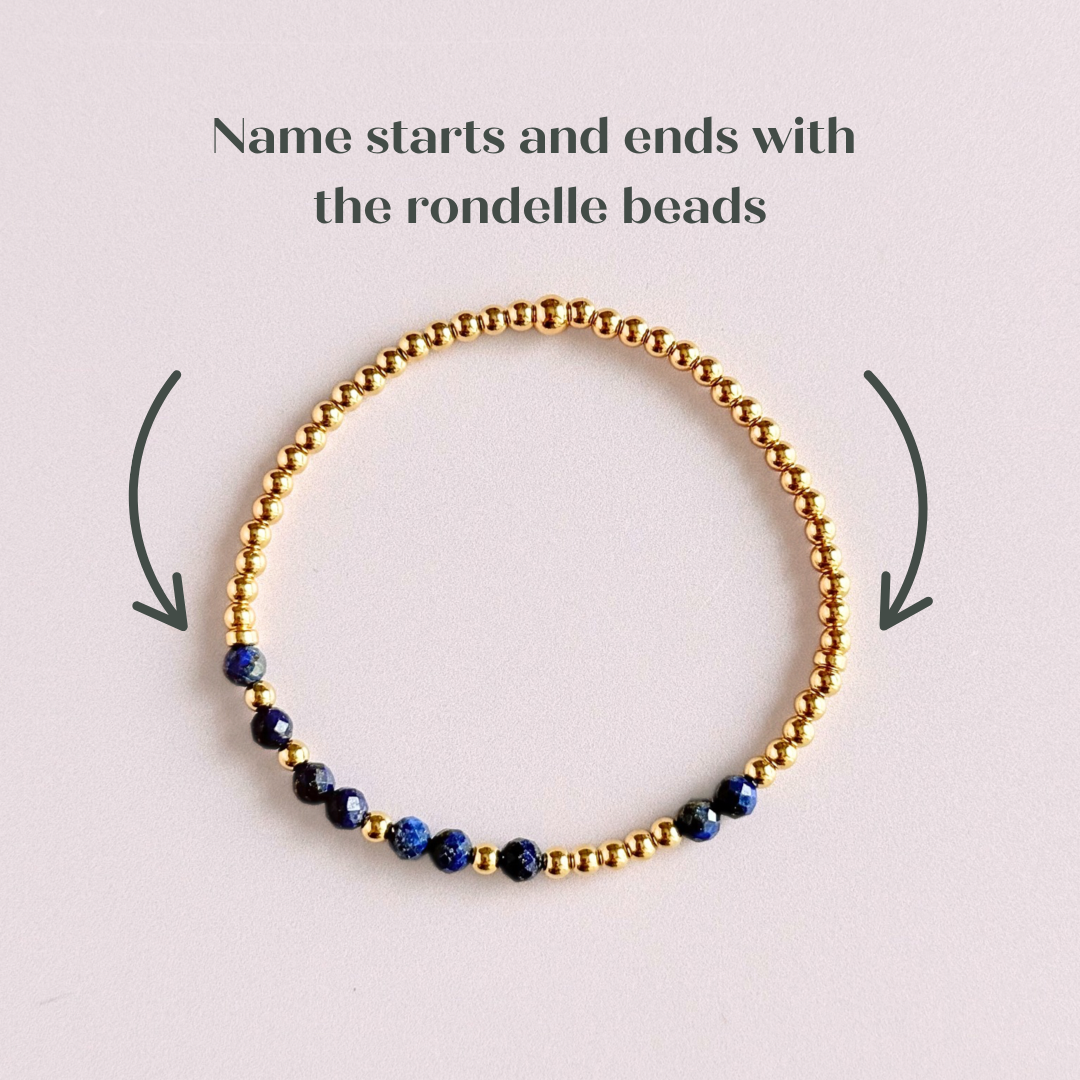 Morse code secret message bracelet spelling out your chosen name in gold filled and lapis lazuli crystal beads. Elasticated with 4mm faceted lapis lazuli beads and 3mm gold filled beads. Custom September birthstone bracelet.