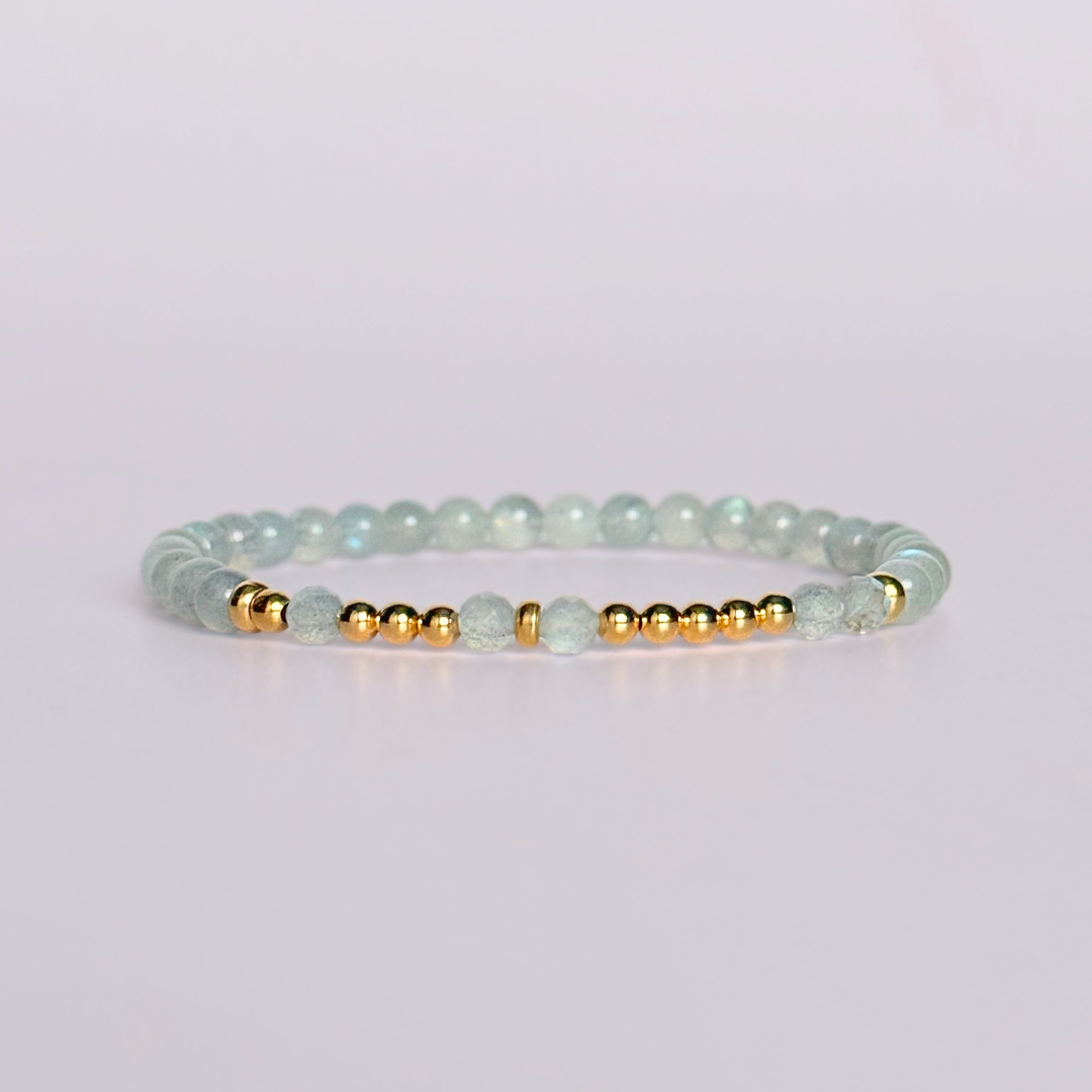 Elasticated labradorite crystal morse code bracelet that spells out the words ‘Let them’ in a combination of 4mm round labradorite beads, 4mm faceted labradorite beads and either sterling silver or gold vermeil 3mm round beads. The words start and end at the rondelle spacer beads.