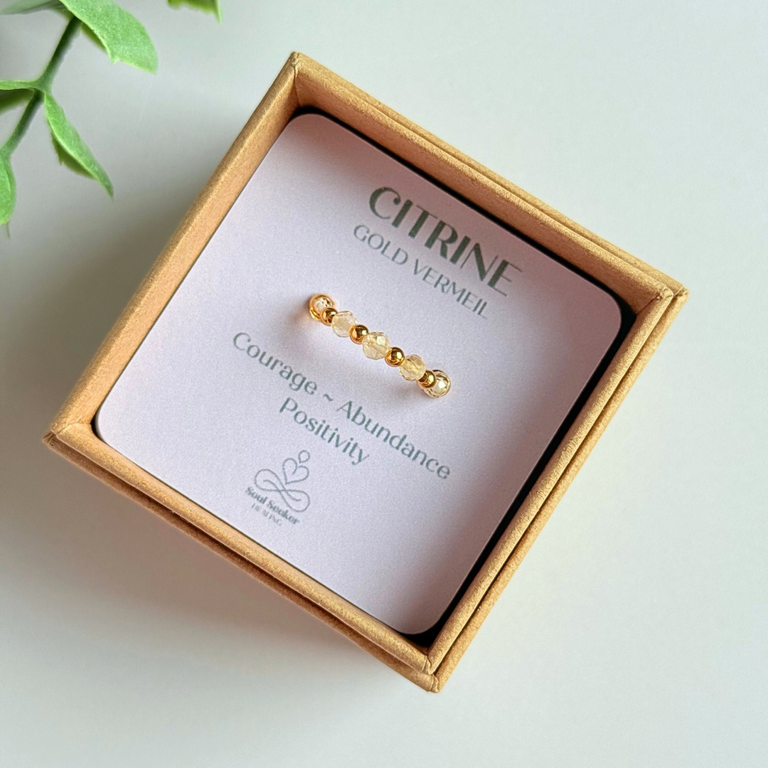 Gold vermeil and citrine crystal ring. Made with 2.5mm gold vermeil round beads and featuring five, 3mm faceted genuine citrine beads in a band style. Perfect for stacking. November birthstone jewellery