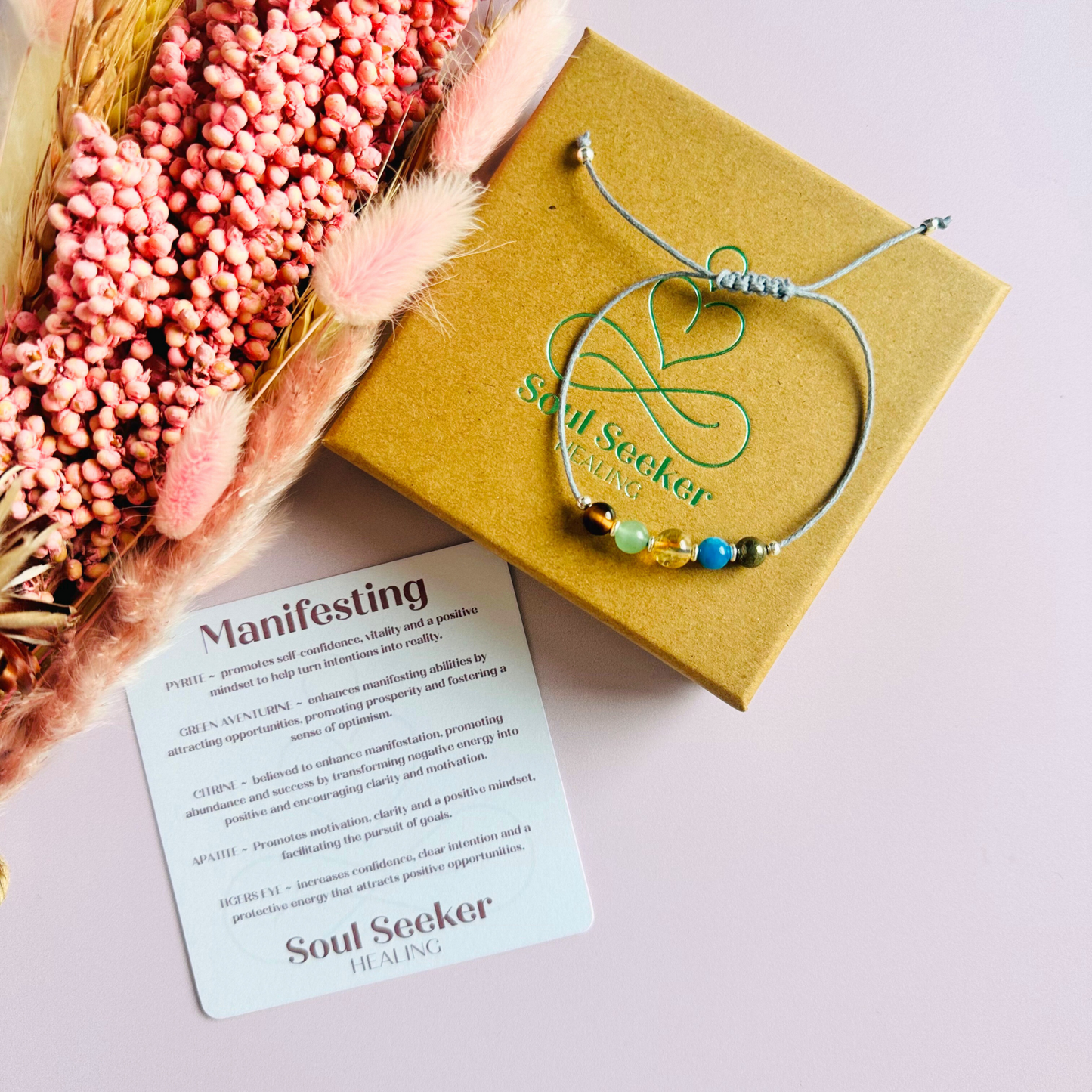 Manifesting crystal healing bracelet made with the tigers eye, green aventurine, citrine, apatite and pyrite. Strung on an eco and vegan friendly waxed cotton cord and finished with your choice of sterling silver, rose gold vermeil or gold vermeil accent beads. A sliding macramé clasp makes it adjustable.