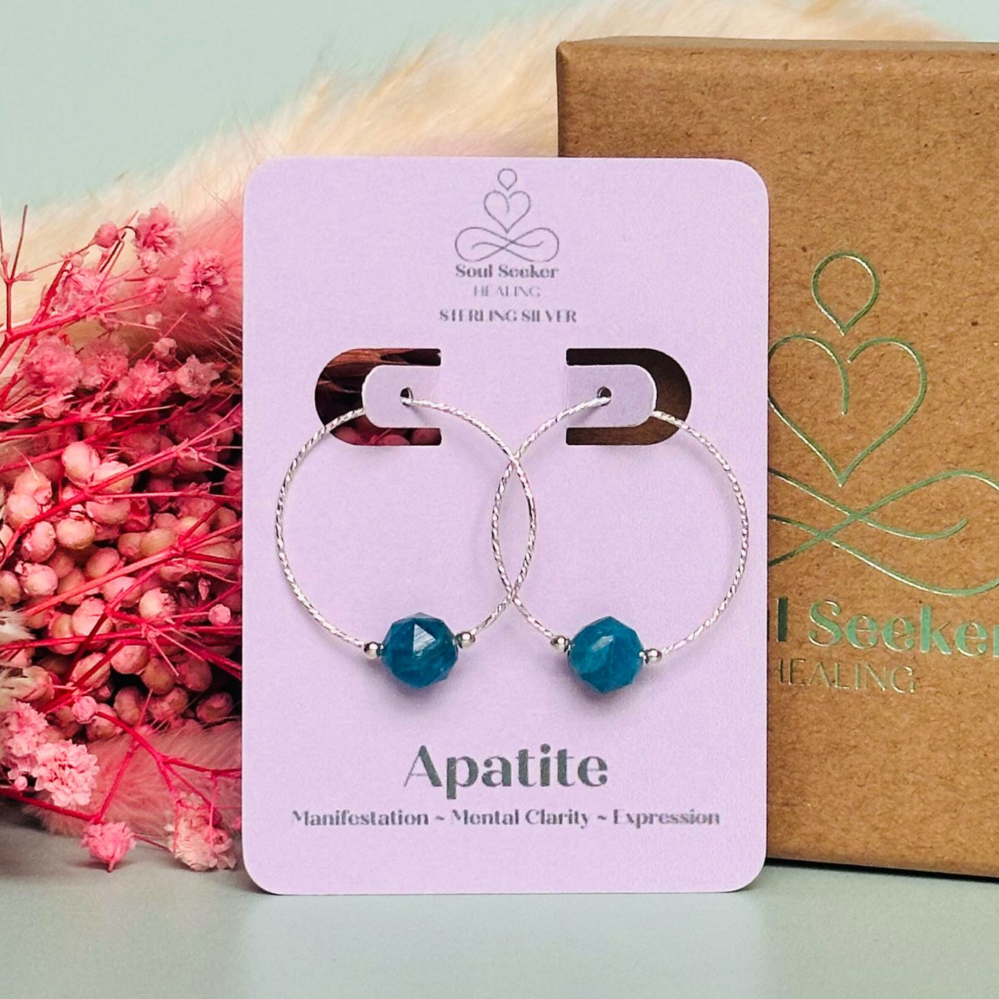 Sterling silver apatite hoop earrings, crystal healing minimalist jewellery, teal blue genuine gemstone drop earrings, dainty dangly earrings