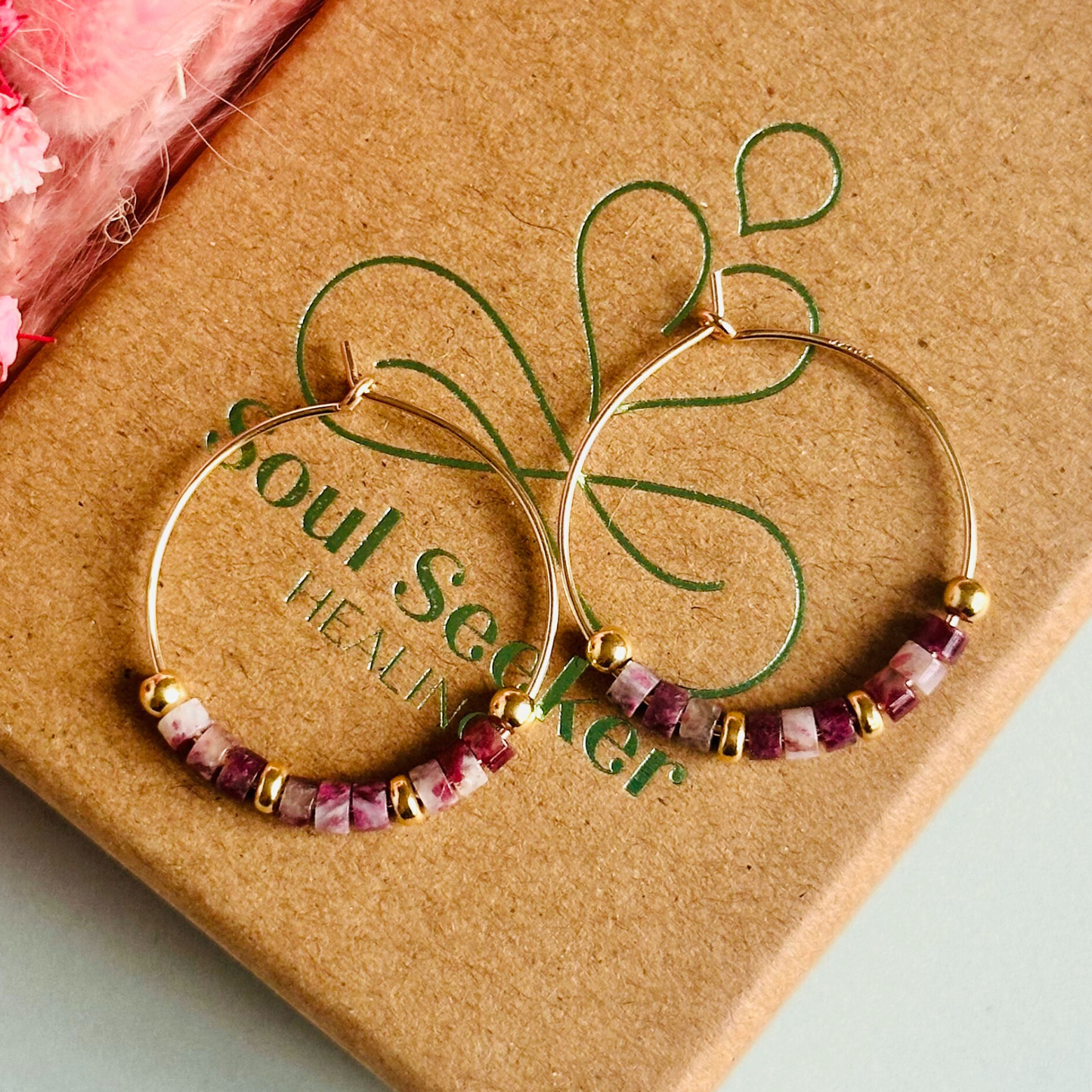 Pink tourmaline gold filled hoop earrings. Made with pink tourmaline heishi beads on 25mm gold filled hoops.