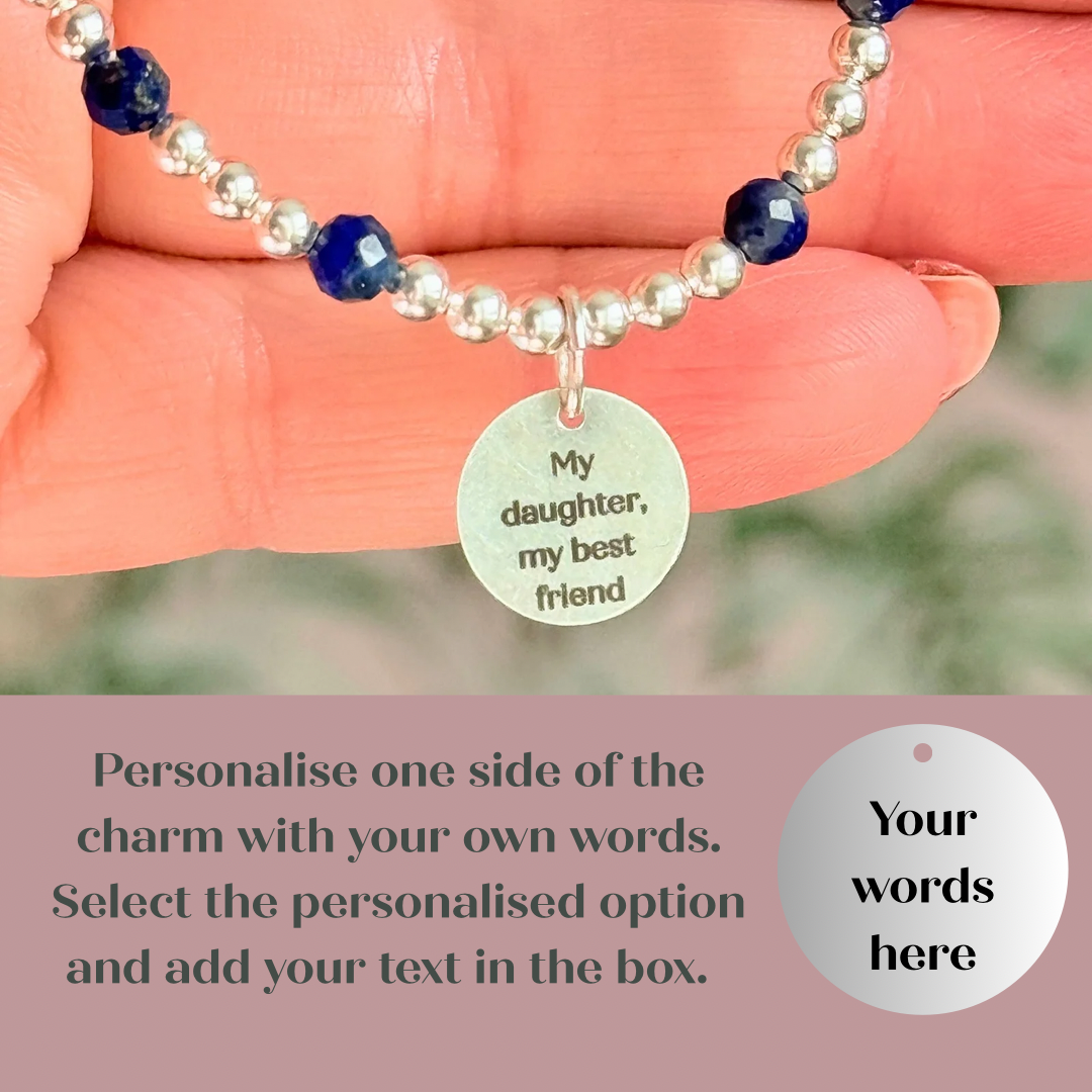 Sterling silver bracelet features 4mm lapis lazuli faceted beads, separated by 3mm sterling silver round beads. Lapis lazuli is a September birthstone. The focal point is an 11mm sterling silver charm, engraved with a large and smaller heart design. This charm can be personalised on one side if required or feature the same graphic on both sides.