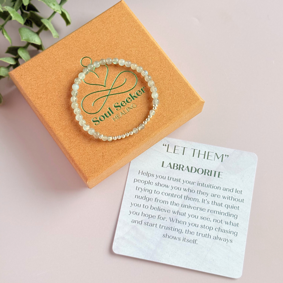 Elasticated labradorite crystal morse code bracelet that spells out the words ‘Let them’ in a combination of 4mm round labradorite beads, 4mm faceted labradorite beads and either sterling silver or gold vermeil 3mm round beads. The words start and end at the rondelle spacer beads.