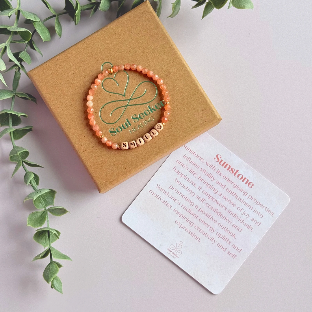Bracelet featuring 5mm engraved wooden beads which you can personalise with your choice of words, numbers and symbols. The main the band of the bracelet is made with 4mm faceted sunstone round crystal gemstone beads. Finished with your choice of gold vermeil, sterling silver or rose gold vermeil accent beads.