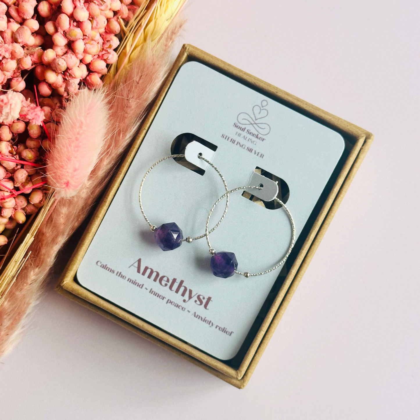 Sterling silver amethyst earrings, purple crystal hoop earrings, natural gemstone sparkle earrings, crown chakra jewellery, dangly earrings