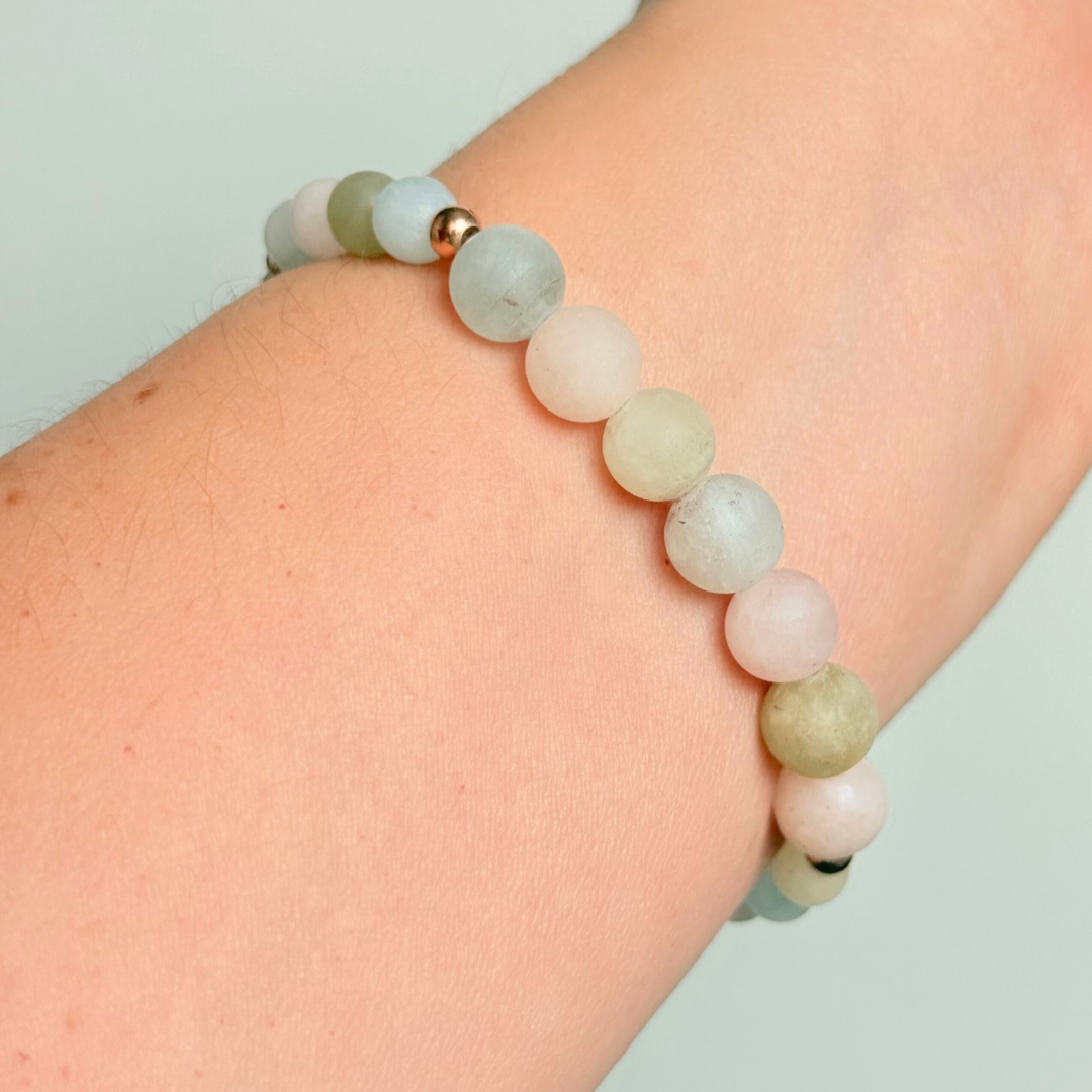 Breathwork bracelet featuring 6mm and 8mm frosted crystal beads that follow the 4-7-8 counted breathing method. Also featuring laser engraved wooden letter beads spelling out the word BREATHE. Choose your accent beads from rose gold vermeil, gold vermeil or sterling silver.