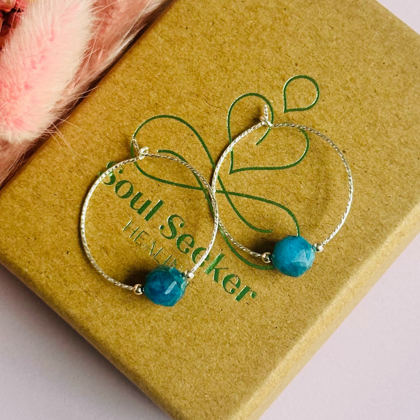 Sterling silver apatite hoop earrings, crystal healing minimalist jewellery, teal blue genuine gemstone drop earrings, dainty dangly earrings