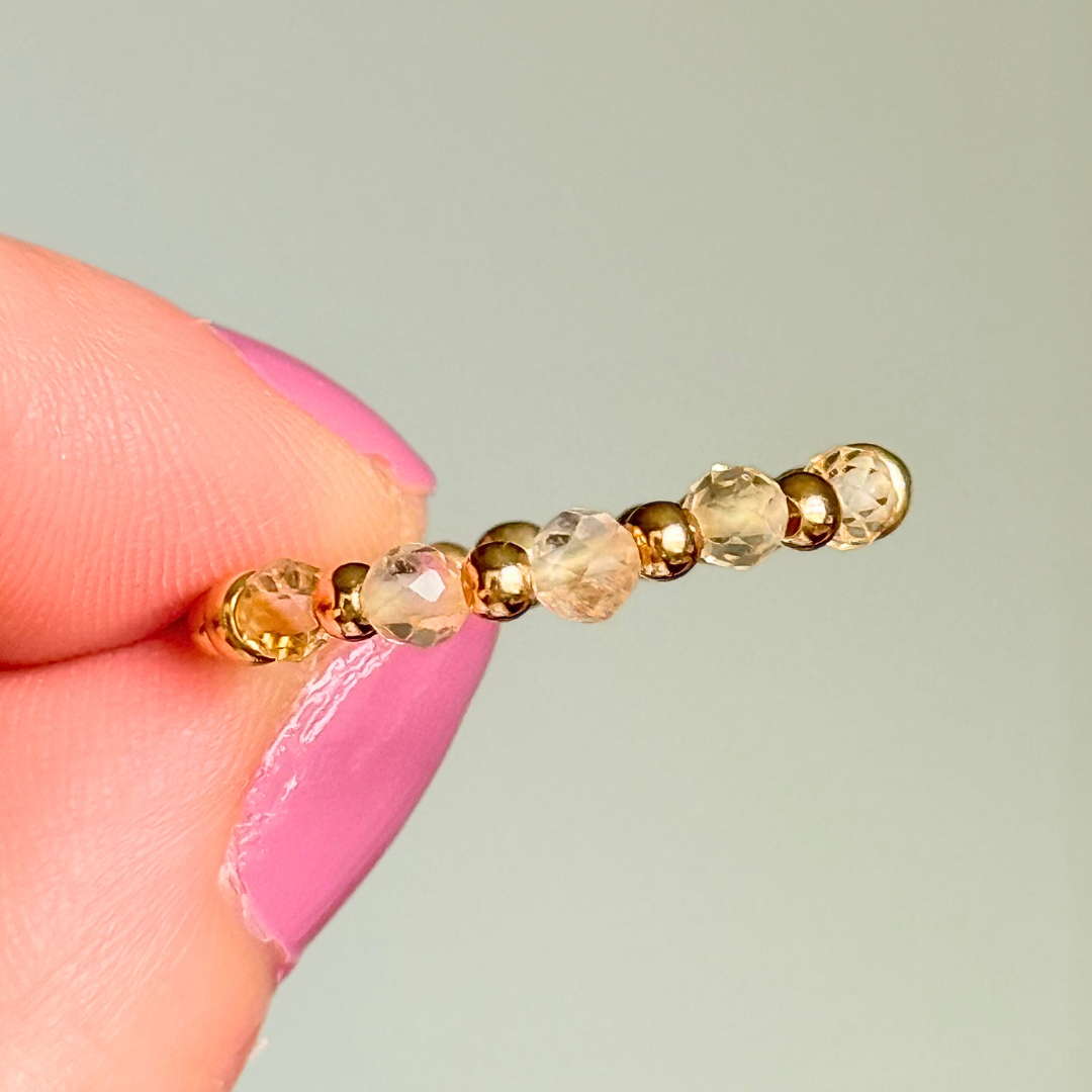 Gold vermeil and citrine crystal ring. Made with 2.5mm gold vermeil round beads and featuring five, 3mm faceted genuine citrine beads in a band style. Perfect for stacking. November birthstone jewellery