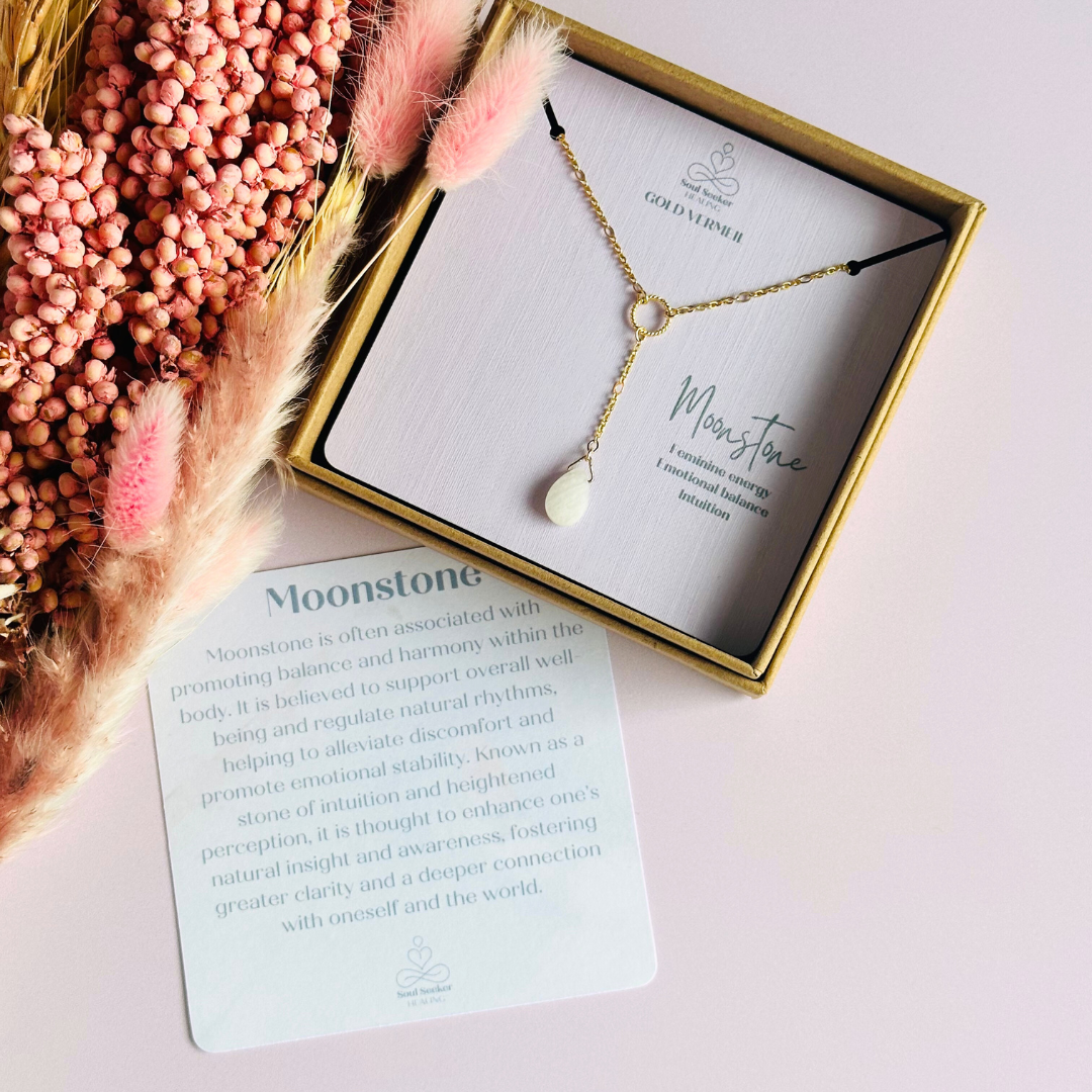 Moonstone necklace features a faceted moonstone teardrop bead on a delicate gold figaro chain with a twisted gold vermeil ring focal point. The necklace fastens with a subtle yet secure gold vermeil bolt clasp. The teardrop bead measures 12mm x 8mm.