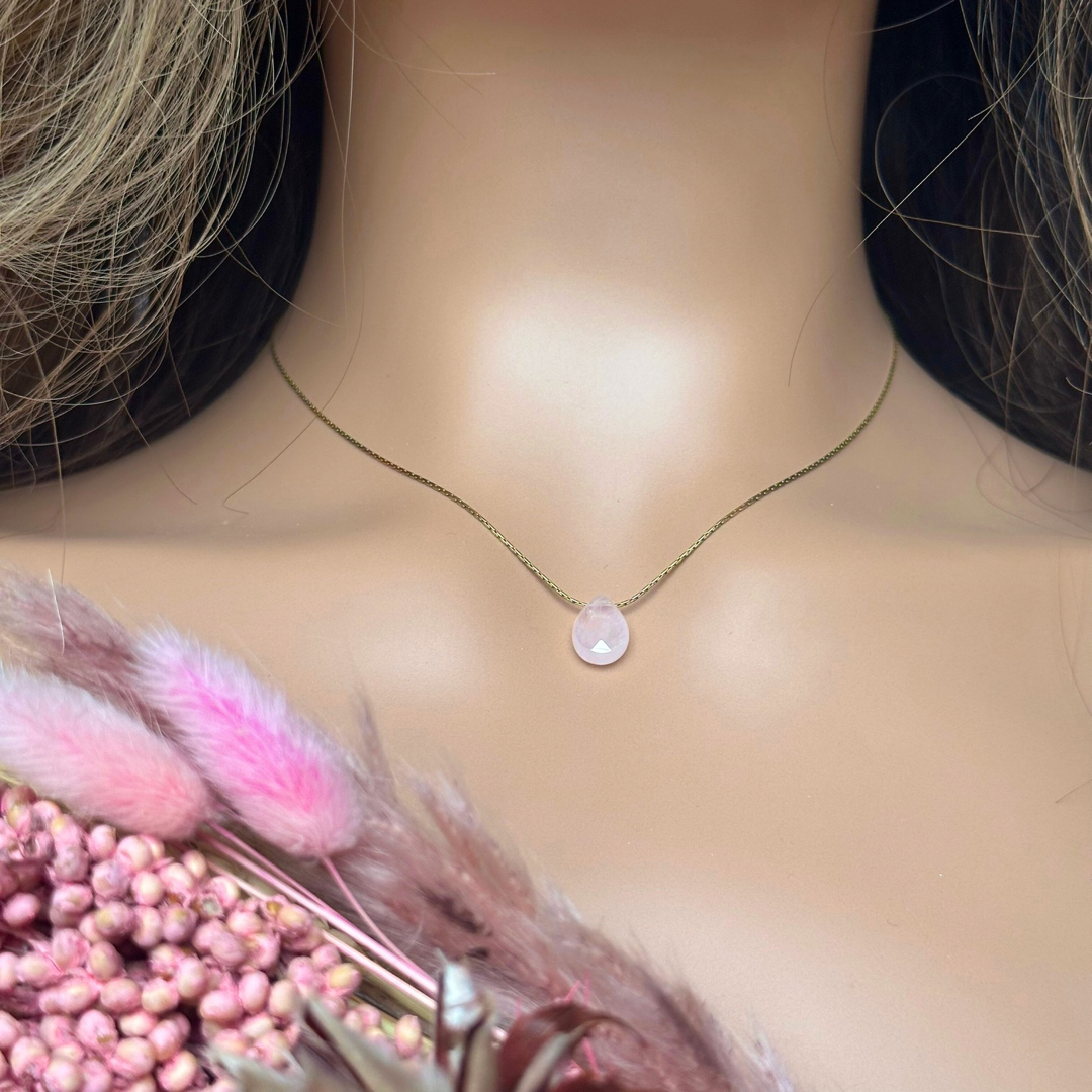 Dainty rose quartz teardrop necklace featuring a 12x8mm faceted rise quartz teardrop bead on a fine gold vermeil beading chain.