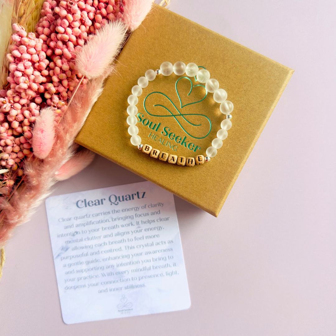 Breathwork bracelet featuring 6mm and 8mm frosted clear quartz crystal beads that follow the 4-7-8 counted breathing method. Also featuring laser engraved wooden letter beads spelling out the word BREATHE. Choose your accent beads from rose gold vermeil, gold vermeil or sterling silver.