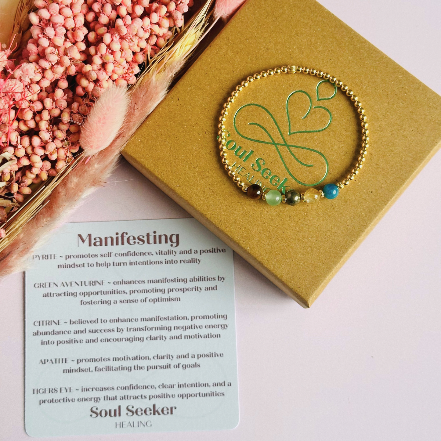 This gold vermeil manifesting bracelet is made with a selection of five healing crystals all believed to help achieve your dream life. The crystal beads are all 6mm and are on a band of 3mm gold vermeil beads with corrugated accent beads.