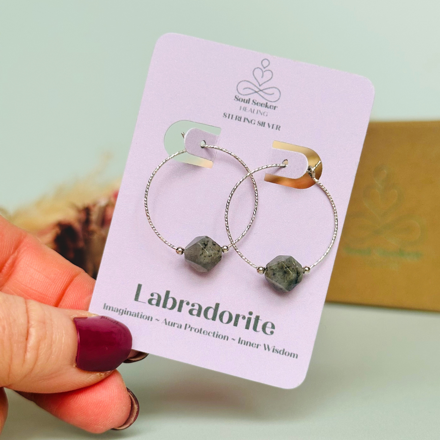 Sterling silver labradorite hoop earrings, crystal healing handmade jewellery, delicate genuine gemstone drop, dainty spiritual dangly