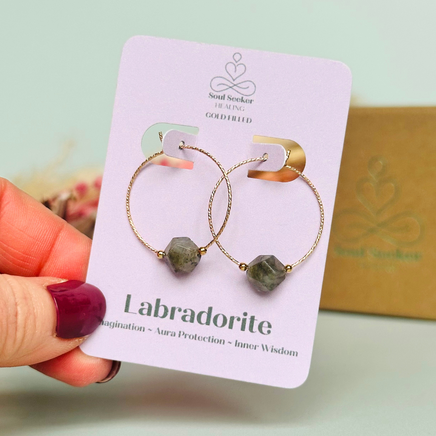 Gold filled labradorite hoop earrings, crystal healing handmade jewellery, delicate genuine gemstone drop, dainty spiritual dangly earrings