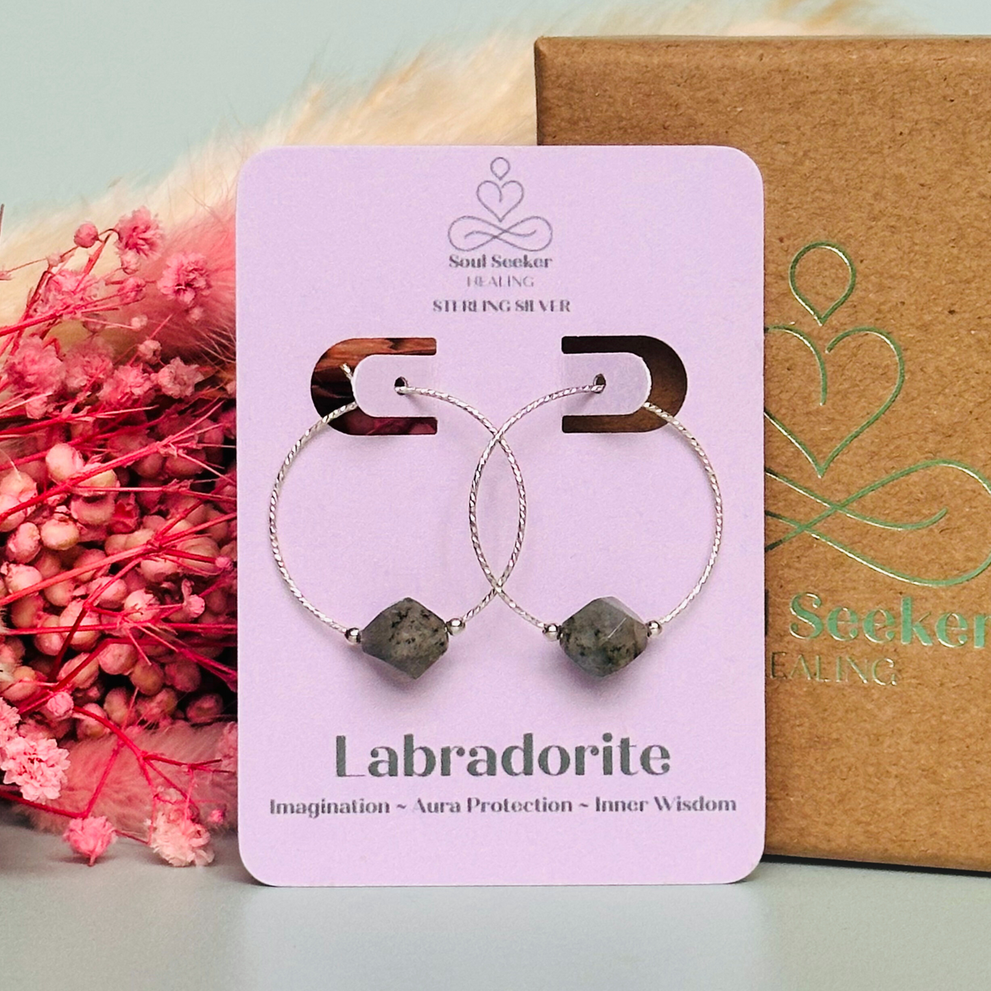 Sterling silver labradorite hoop earrings, crystal healing handmade jewellery, delicate genuine gemstone drop, dainty spiritual dangly